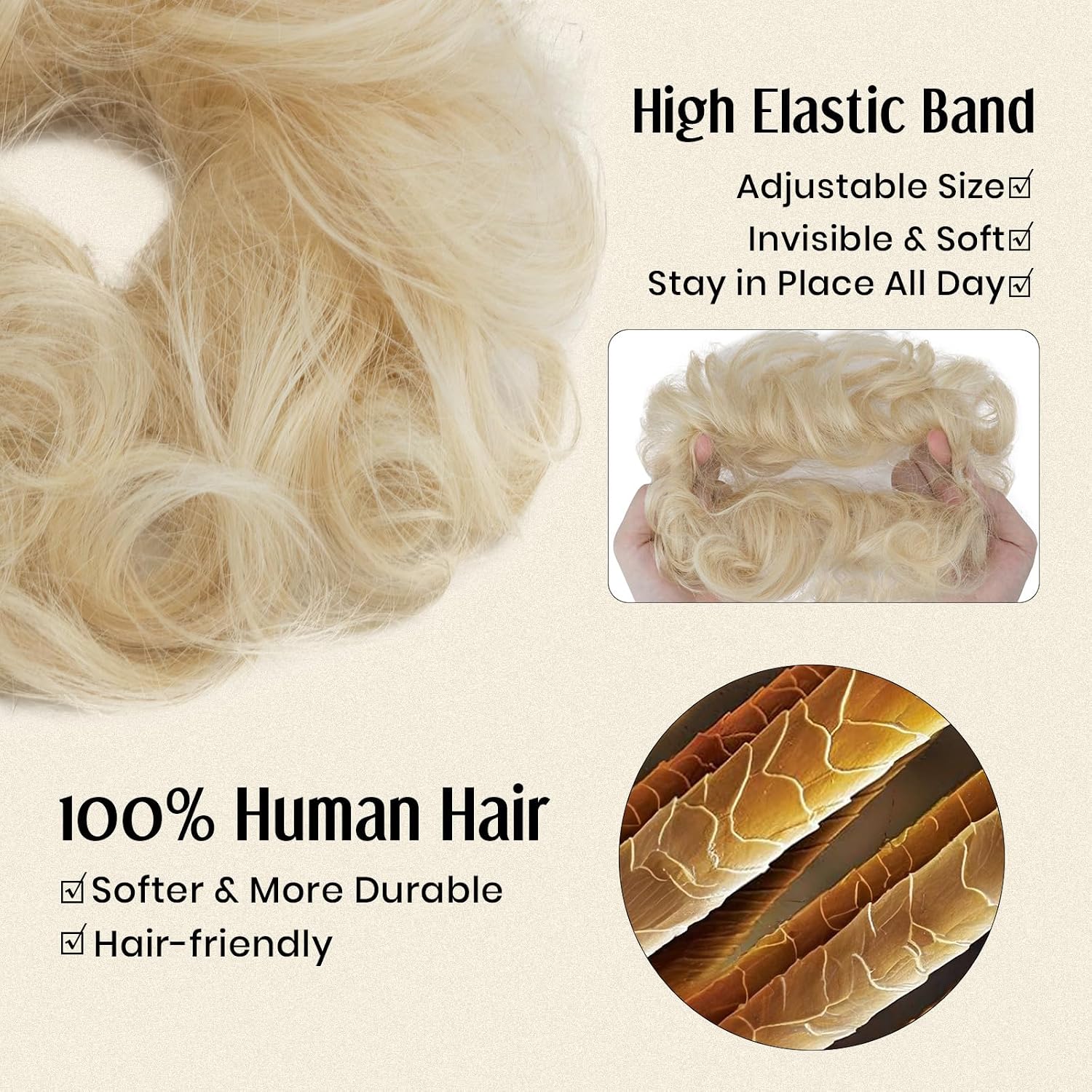 MY-LADY Messy Bun Hair Pieces Human Hair for Women Real Hairpiece Wavy Scrunchies Tousled Updo Donut Chignon Ponytail Extension Platinum Blonde