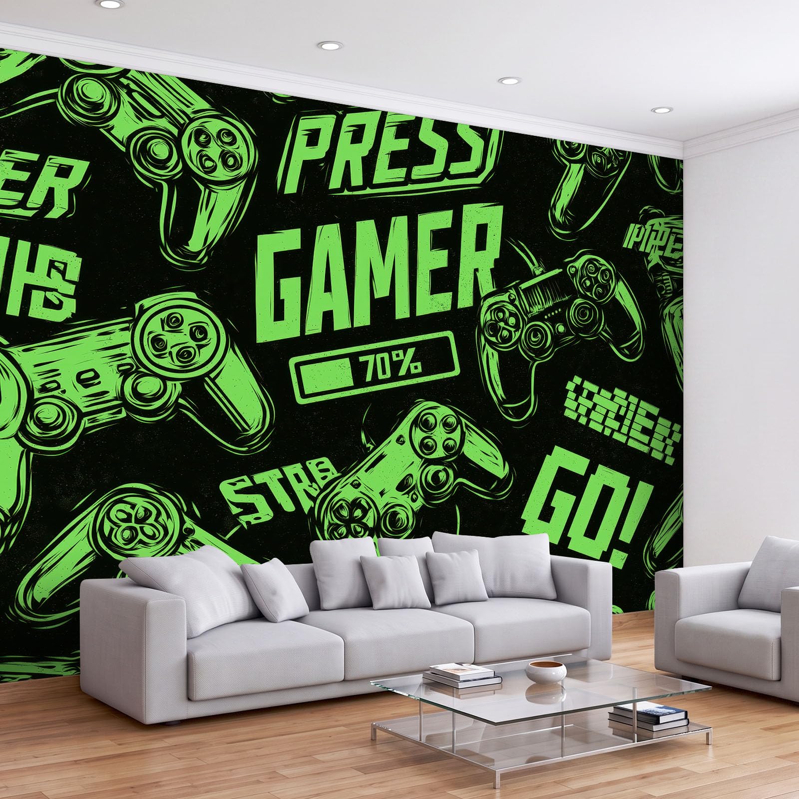 Tapeta mural 3D panoramiczne zdjęcie mural graffiti kontroler do gier fluorescencyjne zielone tło, dekoracja ścienna, tapeta, 250 x 175 cm, efekt 3D, plakat dekoracja do sypialni salonu