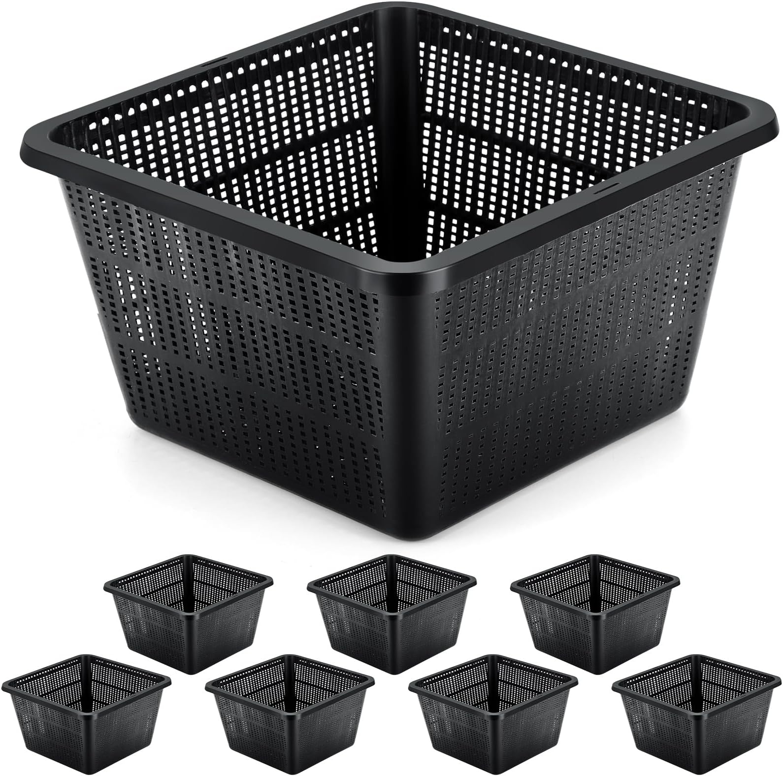 8 Pcs Aquatic Plant Baskets for Hydroponics Water Garden Plant Pots Black Plastic Mesh Basket 9 x 9 x 5.2 Inch Square Pond Containers for Island Live Aquarium Botany Flowers