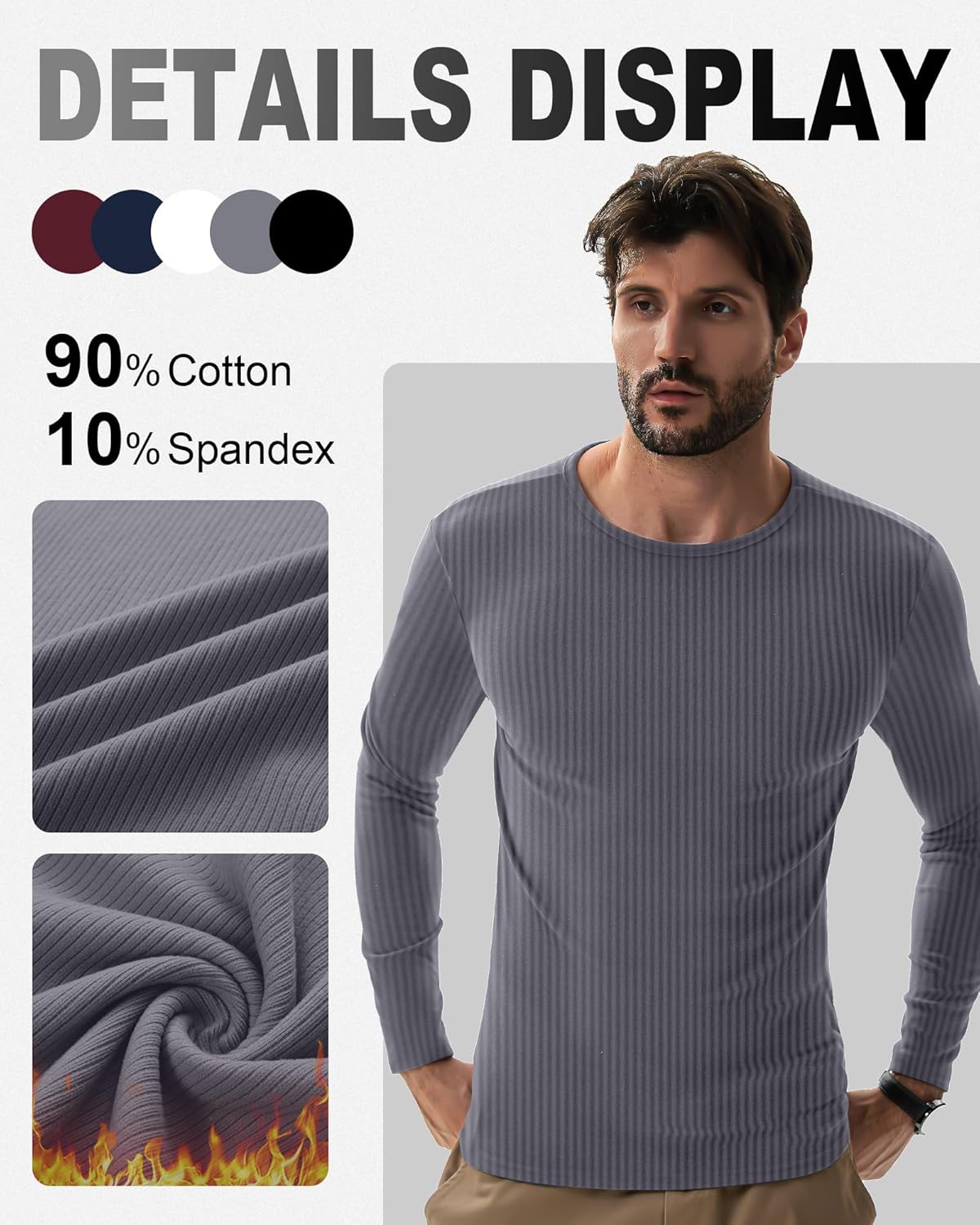 5 Pack Men's Cotton Thermal Shirts Long Sleeve Ribbed Tops Crew Neck Slim Fit Sweater Casual Pullover Undershirts - Image 5