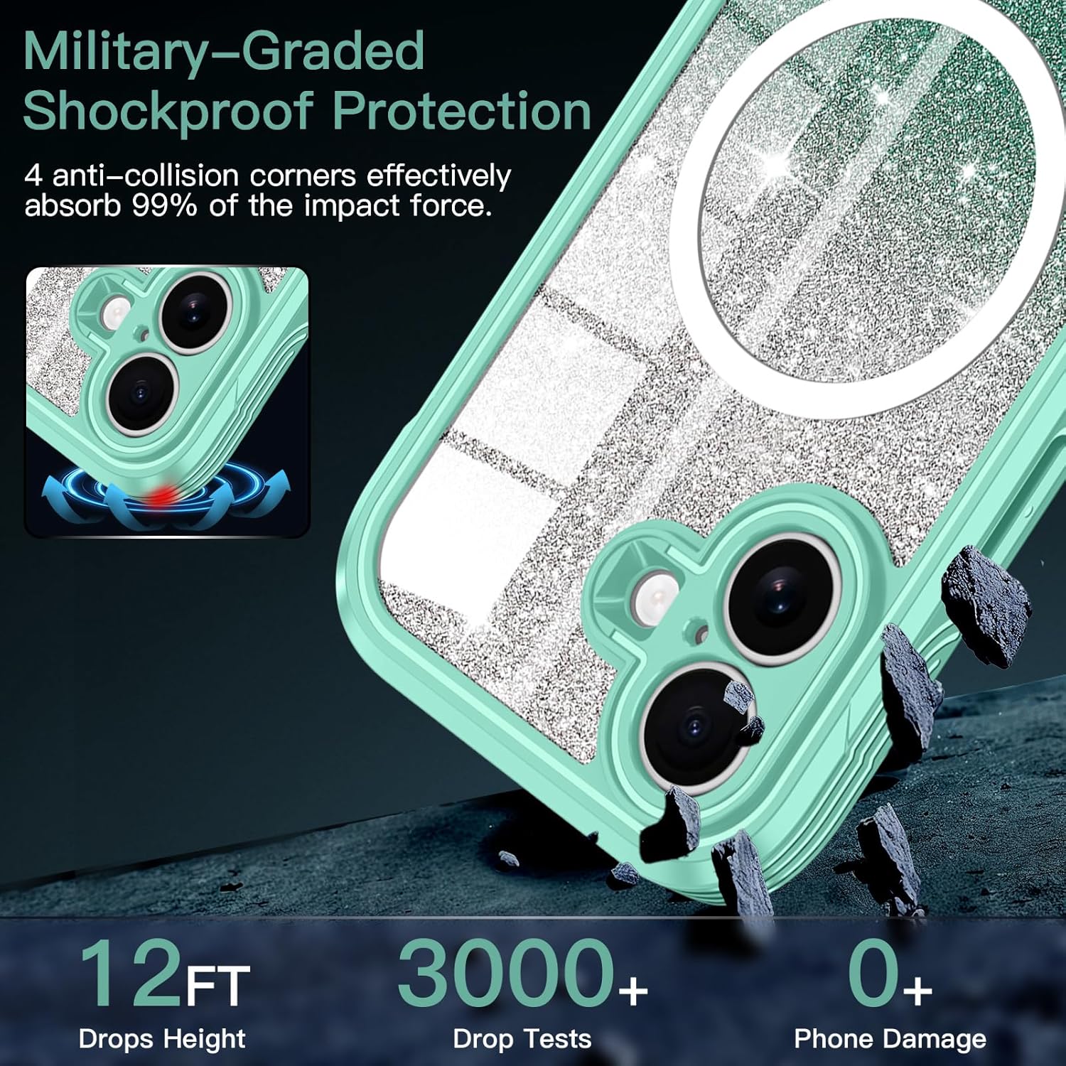 Hekodonk for iPhone 17 Case,Compatible with Magsafe [Built-in Tempered Glass Screen Protector & Camera Lens Protection] Full Body Shockproof Protective Women Girl Bling Case,Green - Image 4