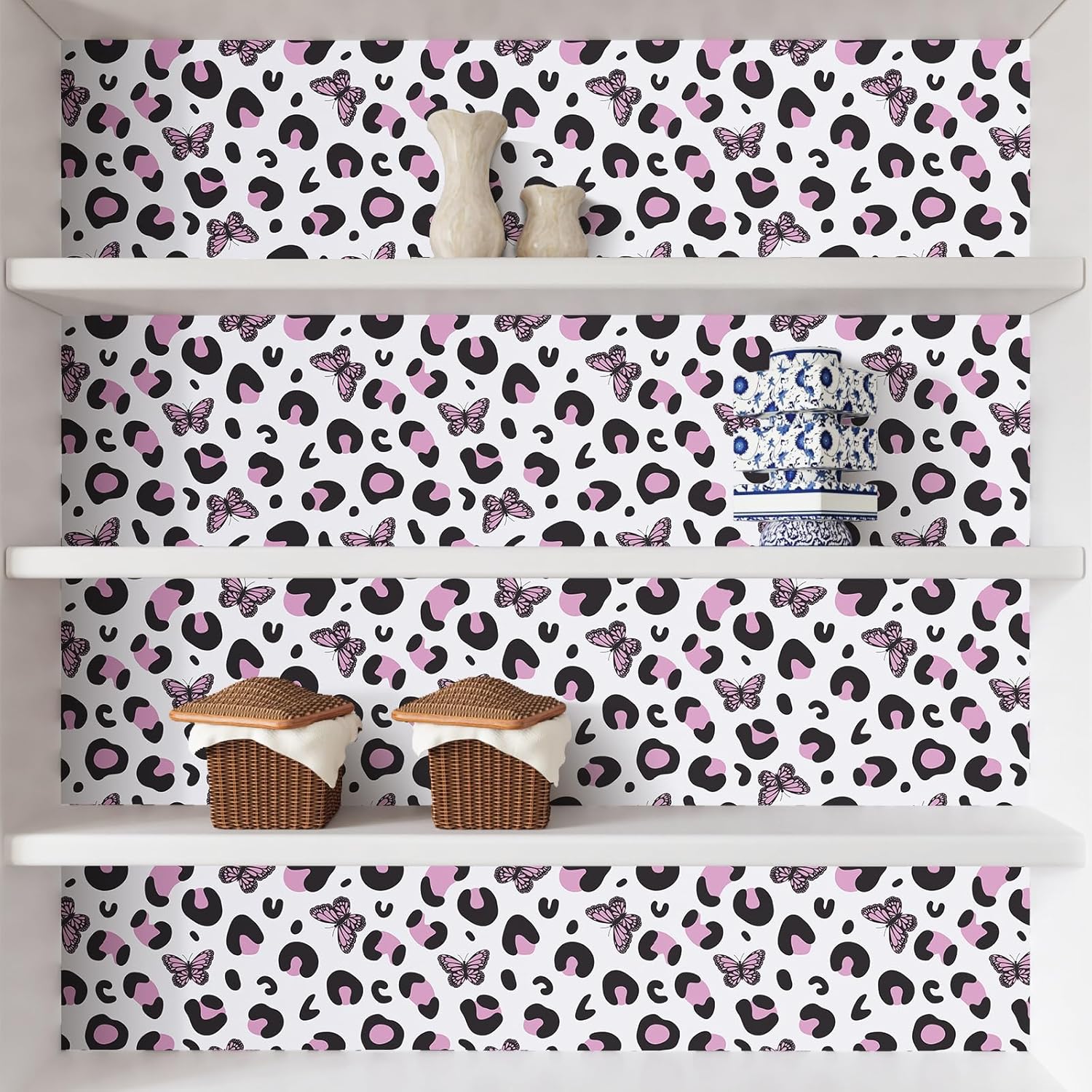 CRE8TIVE Leopard Butterfly Wallpaper Pink Peel and Stick Wallpaper for Girls Bedroom Bathroom Removable Self Adhesive Vinyl Leopard Cheetah Print Contact Paper for Cabinets Drawers Waterproof 12"x118"