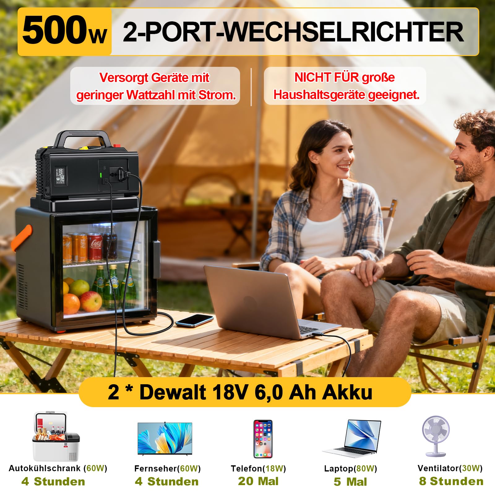 2-in-1 Wechselrichter Ladegerät für DeWalt 18V Akku, 500W Spannungswandler, 2-Port DC 18V Auf AC 230V Reiner Sinus Wechselrichter, Stromwandler für Camping, Wohnmobil(Batterie Nicht Enthalten)