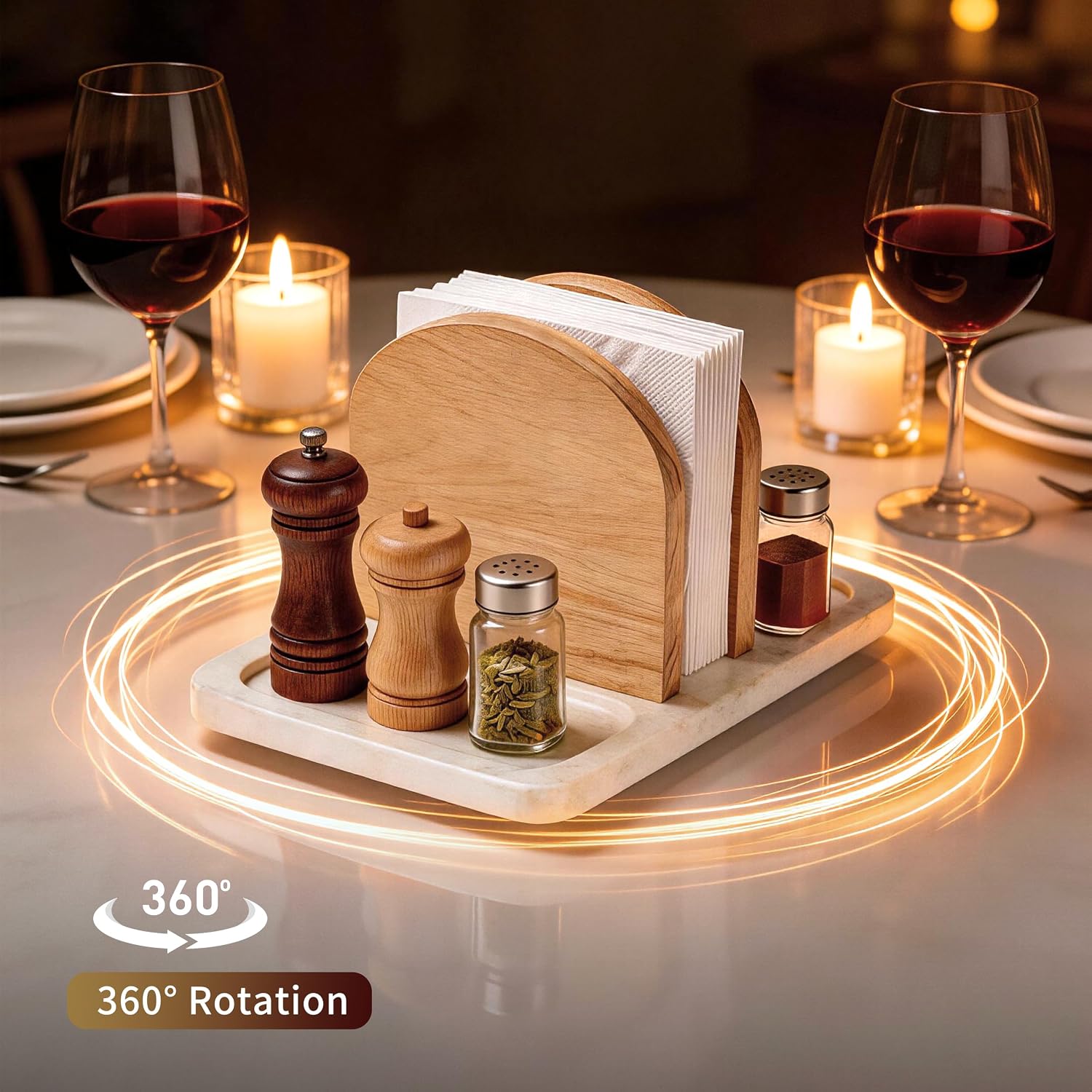 Rotating Napkin Holder for Table, Napkin Dispenser with Marble Base & Wood Divider, Napkin Holder with Salt and Pepper Shakers Caddy for Kitchen Dinner Table Decor - Shakers Not Included