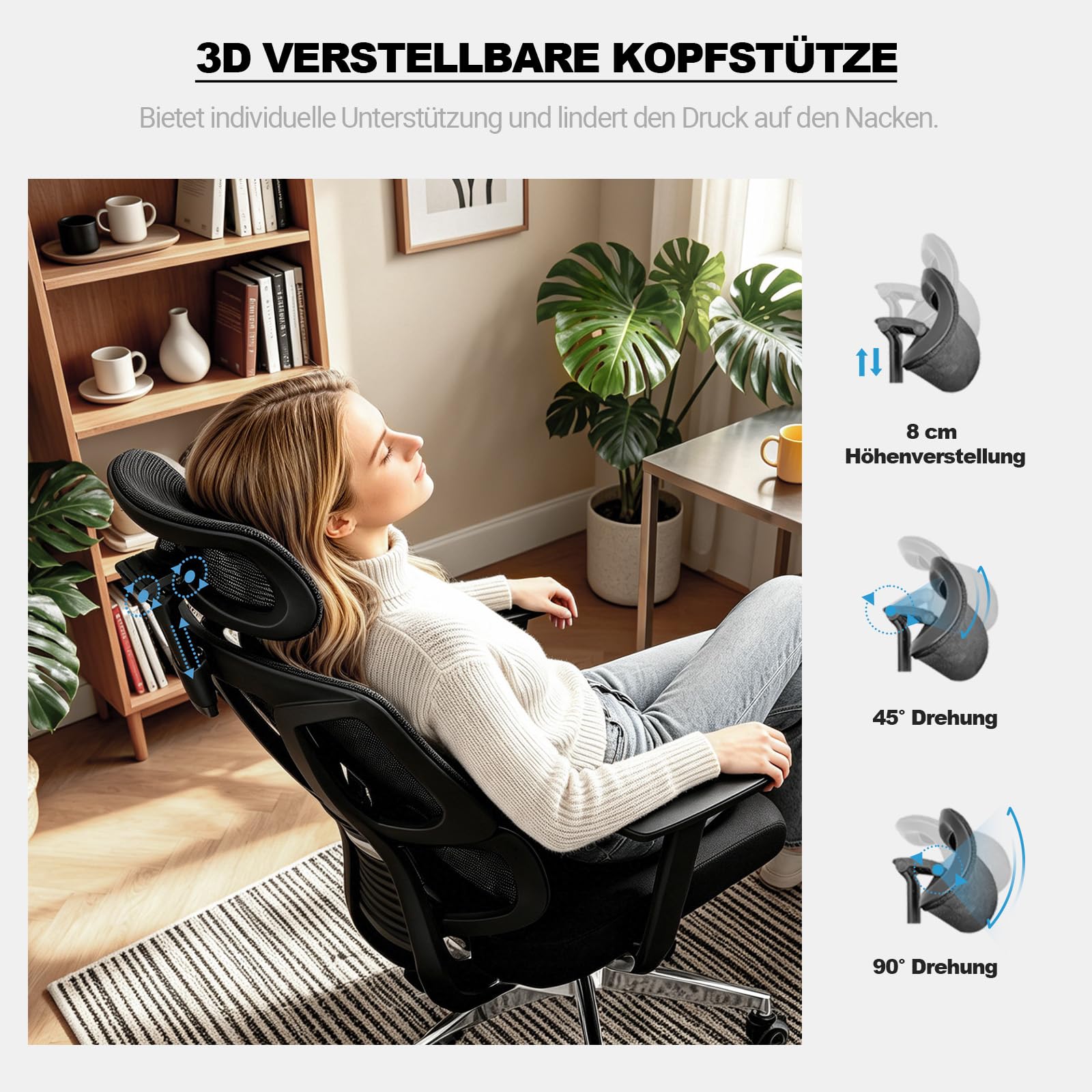 MELOKEA Bürostuhl Ergonomisch, 4D-Armlehnen, Verstellbare Sitztiefe, 4-Stufen Neigung, 3D-Kopfstütze, Gummirollen, Hohe Rückenlehne, Lordosenstütze, Langes Sitzen, Office & Gaming, Bürostuhl 200KG