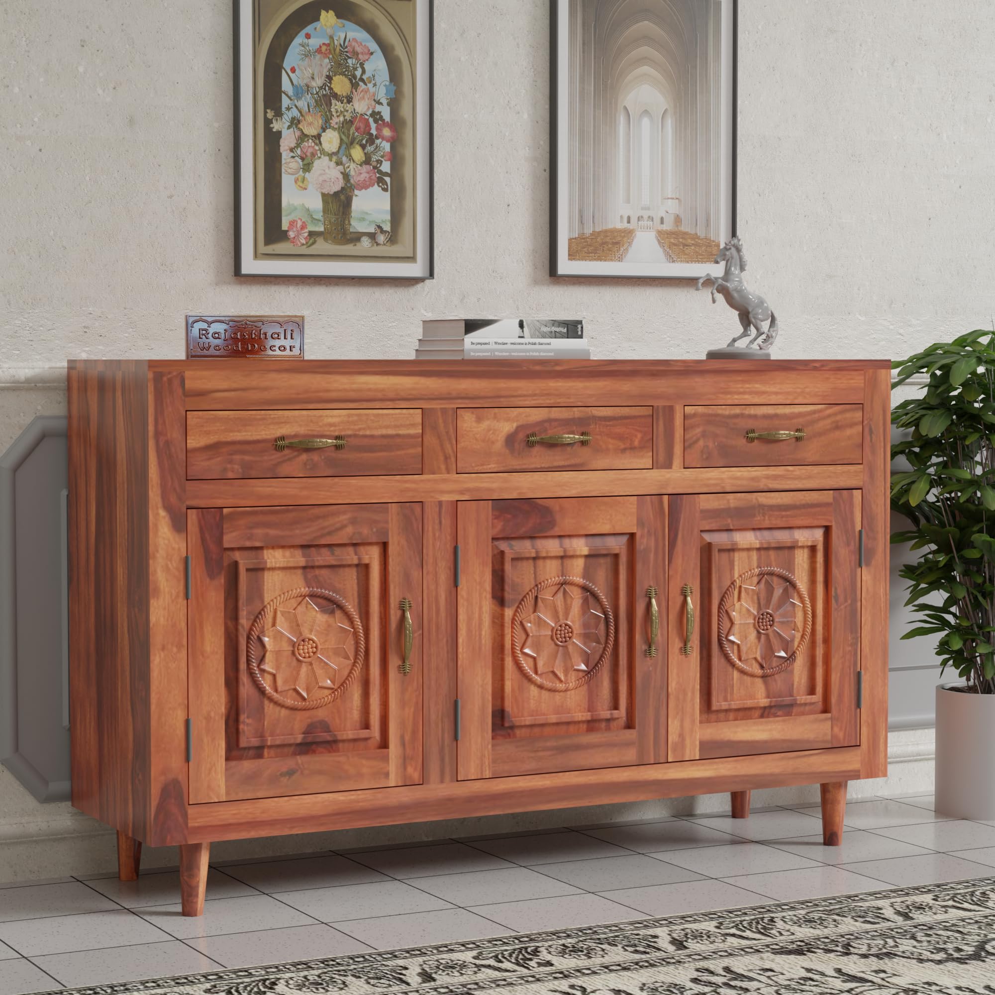 wood crony Solid Sheesham Wood Sideboard Cabinet with 3 Drawer & 3 Shelves - Chest of Drawers Wooden Drawer Storage Cabinet for Bedroom Living Room Storage Furniture Decor (Design 4)-image-44