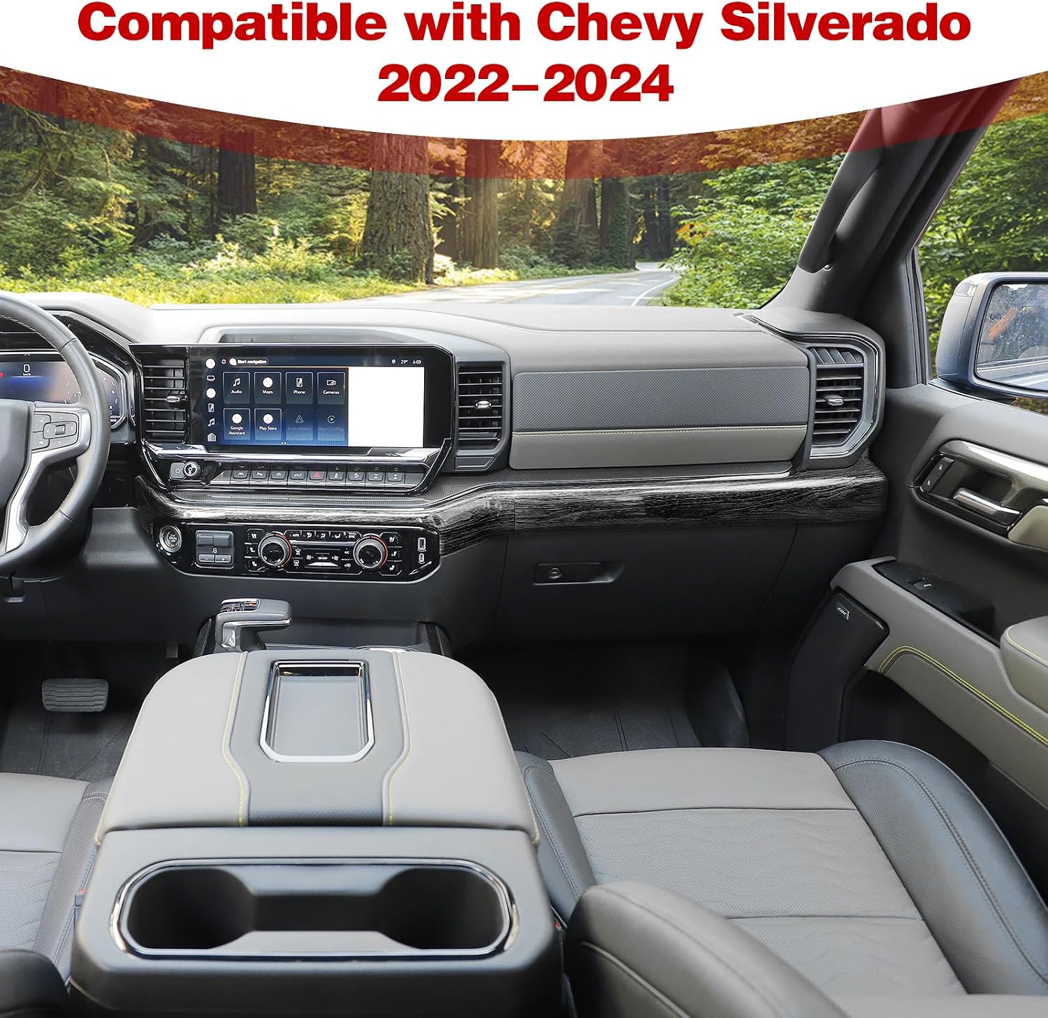 for Silverado Center Console Dashboard Panel Trim Cover for Chevy Silverado 2022 up Black Wood Grain Interior Accessories 2pcs