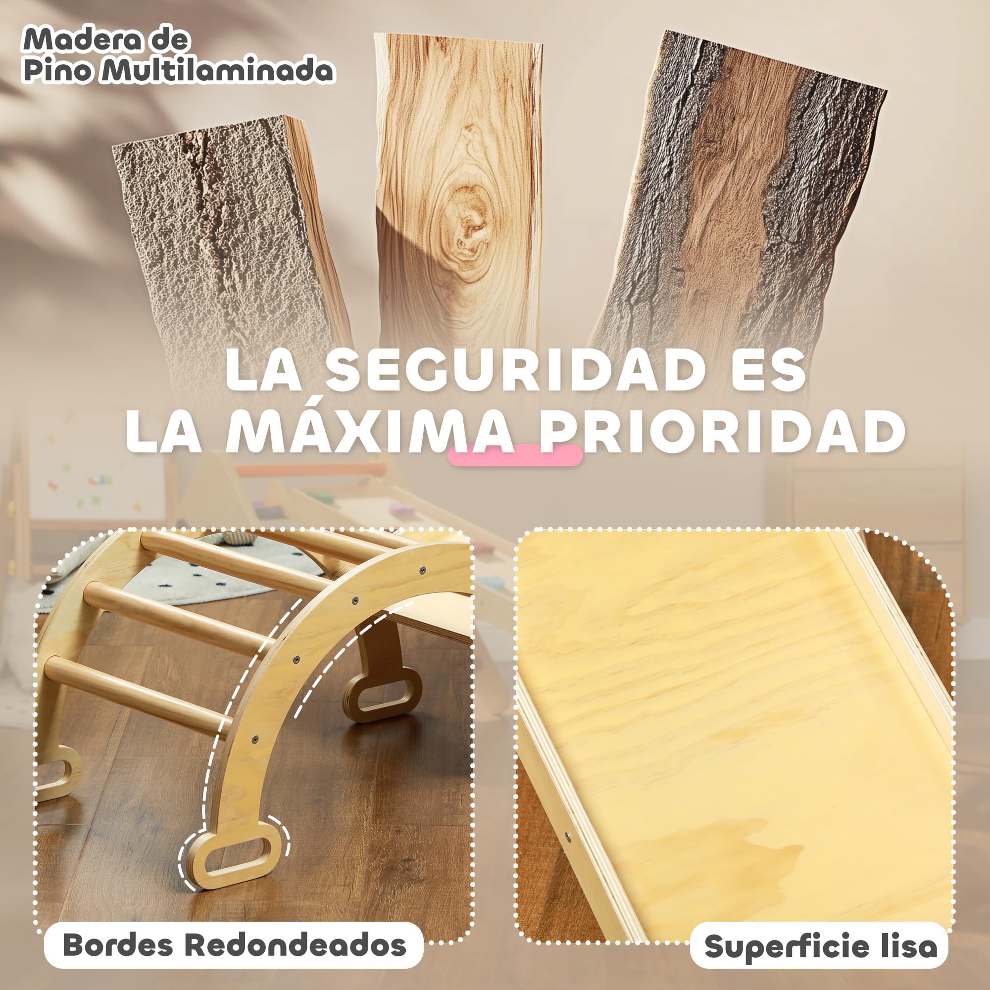 AIYAPLAY 5 en 1 Triángulo de Escalada Montessori con Arco y Rampa, Escalada para Niños de Madera Plegable, para 18-48 Meses, para Deslizarse o Escalar, 178x64,5 cm, Madera Natural