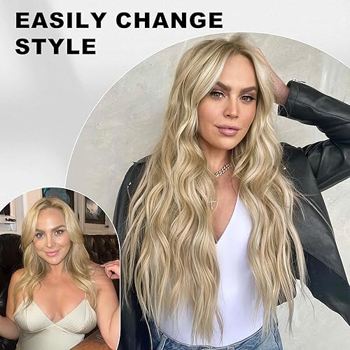 Miniatura 2 de ALXNAN Extensiones de cabello sintético largo y ondulado con clip, de 20 pulgadas, rubio sucio, 4 piezas, grueso, fibra de doble trama, para mujer