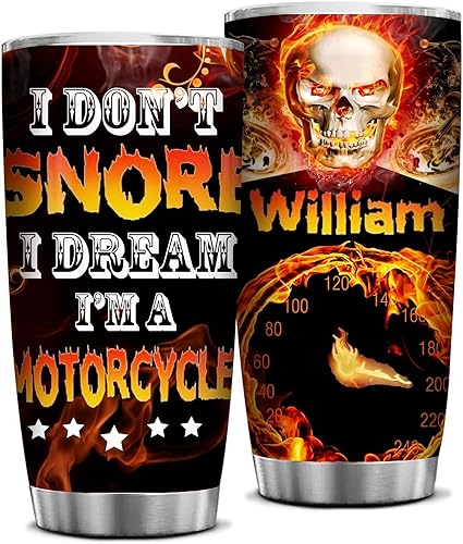 Personalized Motorcycle Tumbler, Gifts for Men I Don't Snore I Dream I'm A Motorcycle Tumbler Cup 20oz, Custom Name Tumblers, Stainless Steel