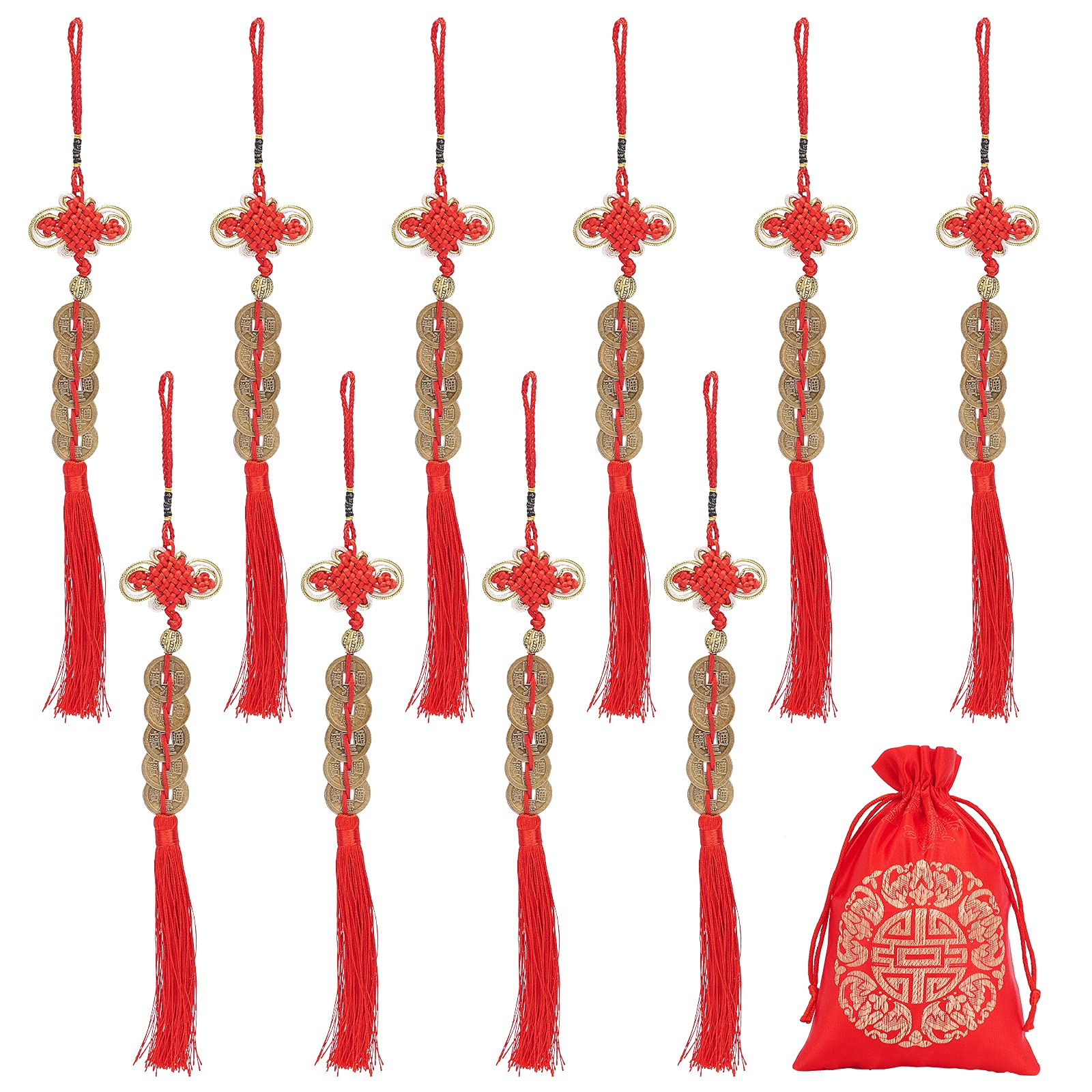 NBEADS 10 Pcs Chinese Knot Lucky Coins Five Emperor Money, Red Chinese Knot Lucky Coins with 1 Pc Red Blessing Bag for for Longevity Travel Safely Wealth Success and Good Luck