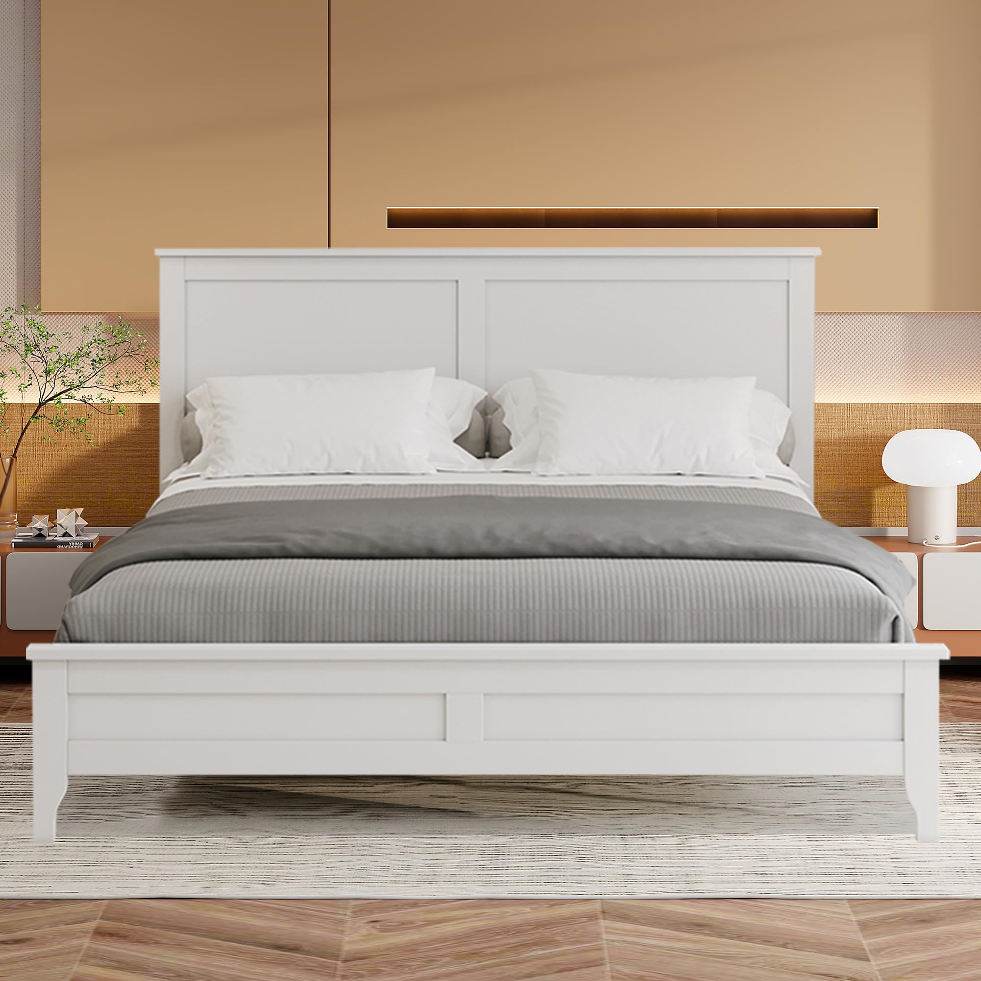 Merax King Size Platform Bed, Wooden King Platform Bed Frame with Headboard and Footboard, Wood Slat Support, No Box Spring Needed, White