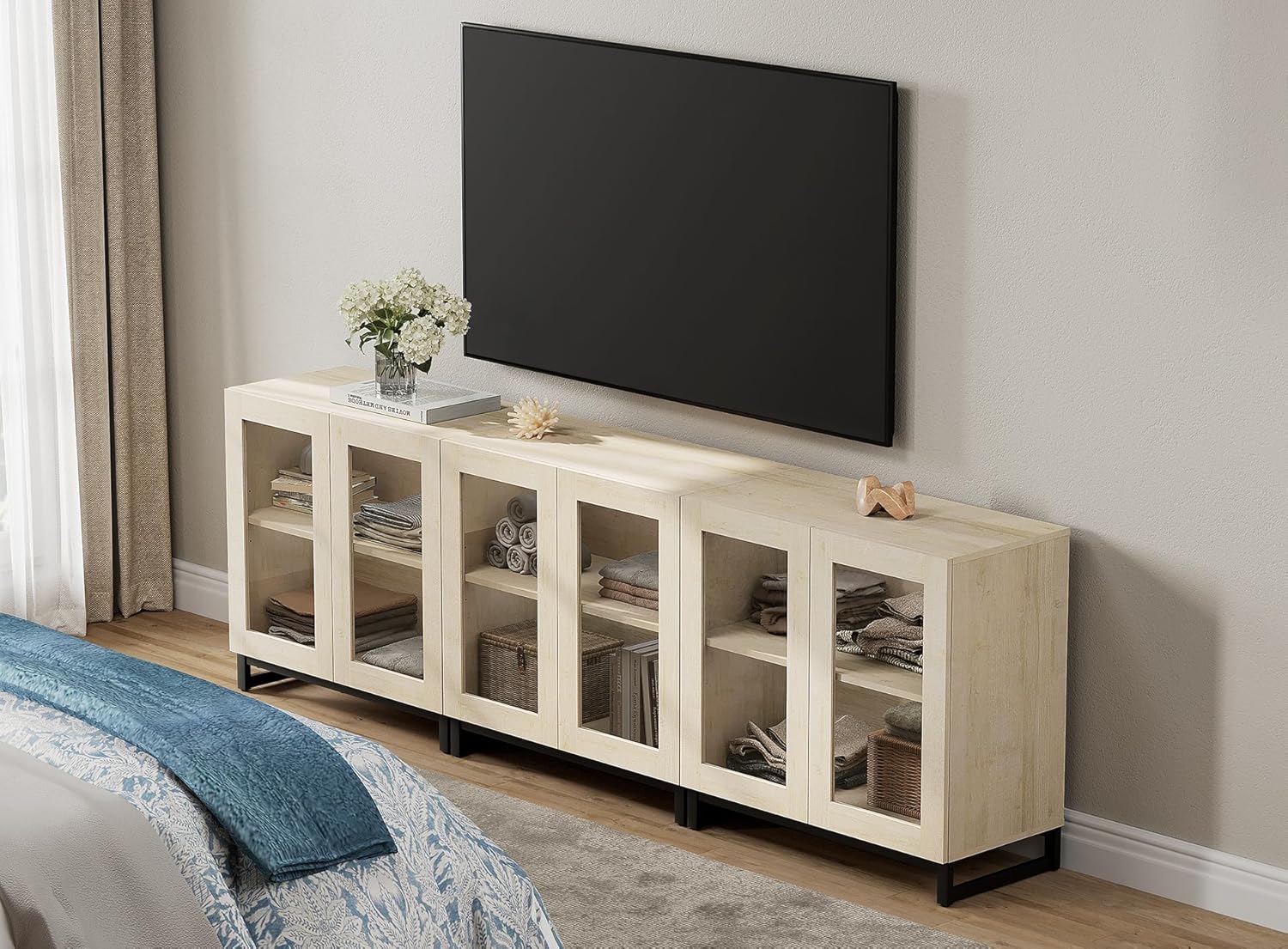 WAMPAT Modern TV Stand with Glass Doors for 32-120 inch TVs, Wooden Entertainment Center TV Console with Adjustable Shelves and Metal Base for Living Room, Bedroom, Light Oak, 3Pcs