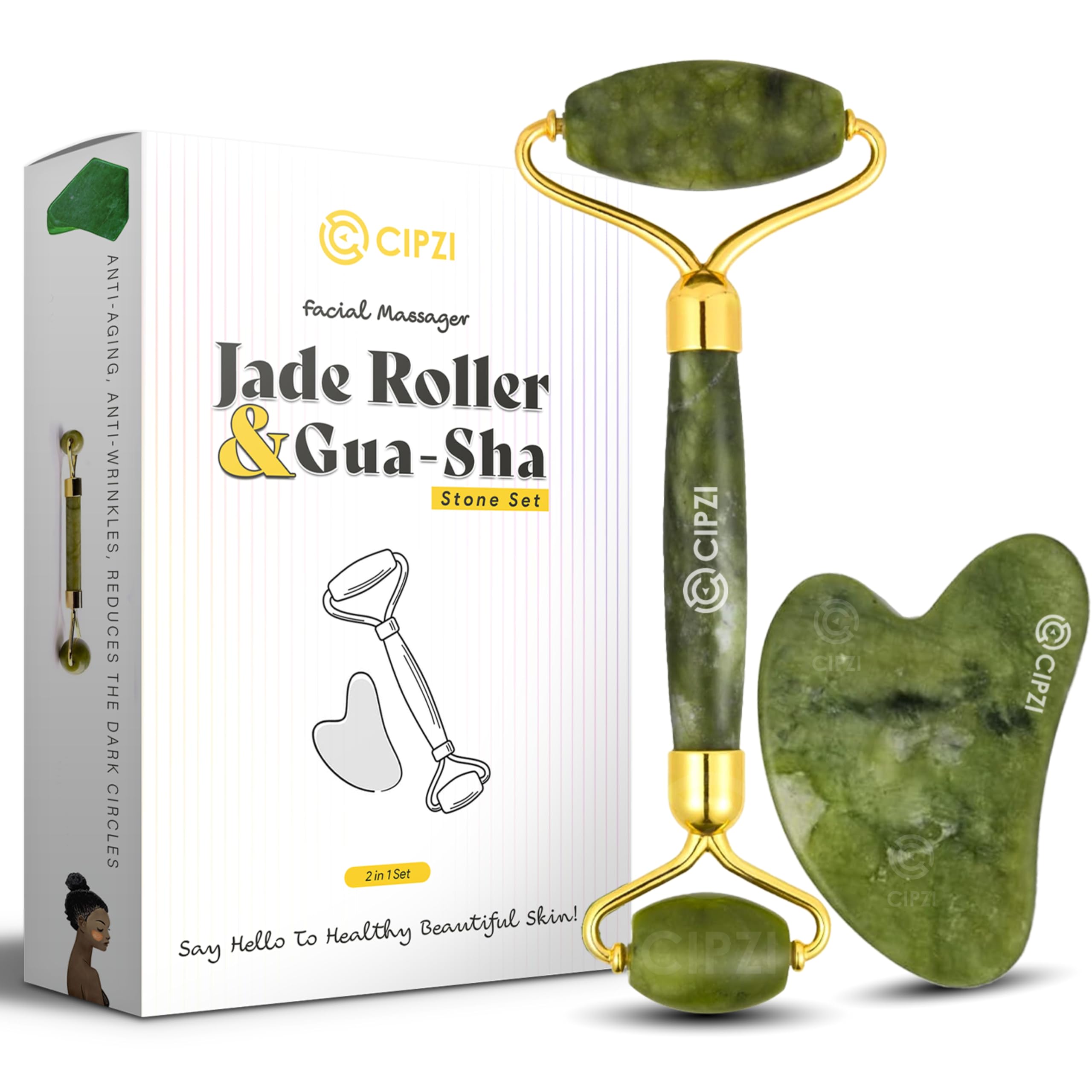 Cipzi Gua Sha & Jade Roller Set - Facial Massage for Tighter Skin, Reduced Dark Circles, Puffiness & Wrinkles, Improved Microcirculation & Elasticity (B0D5MCW8GT) Amazon Price History, Amazon Price Tracker