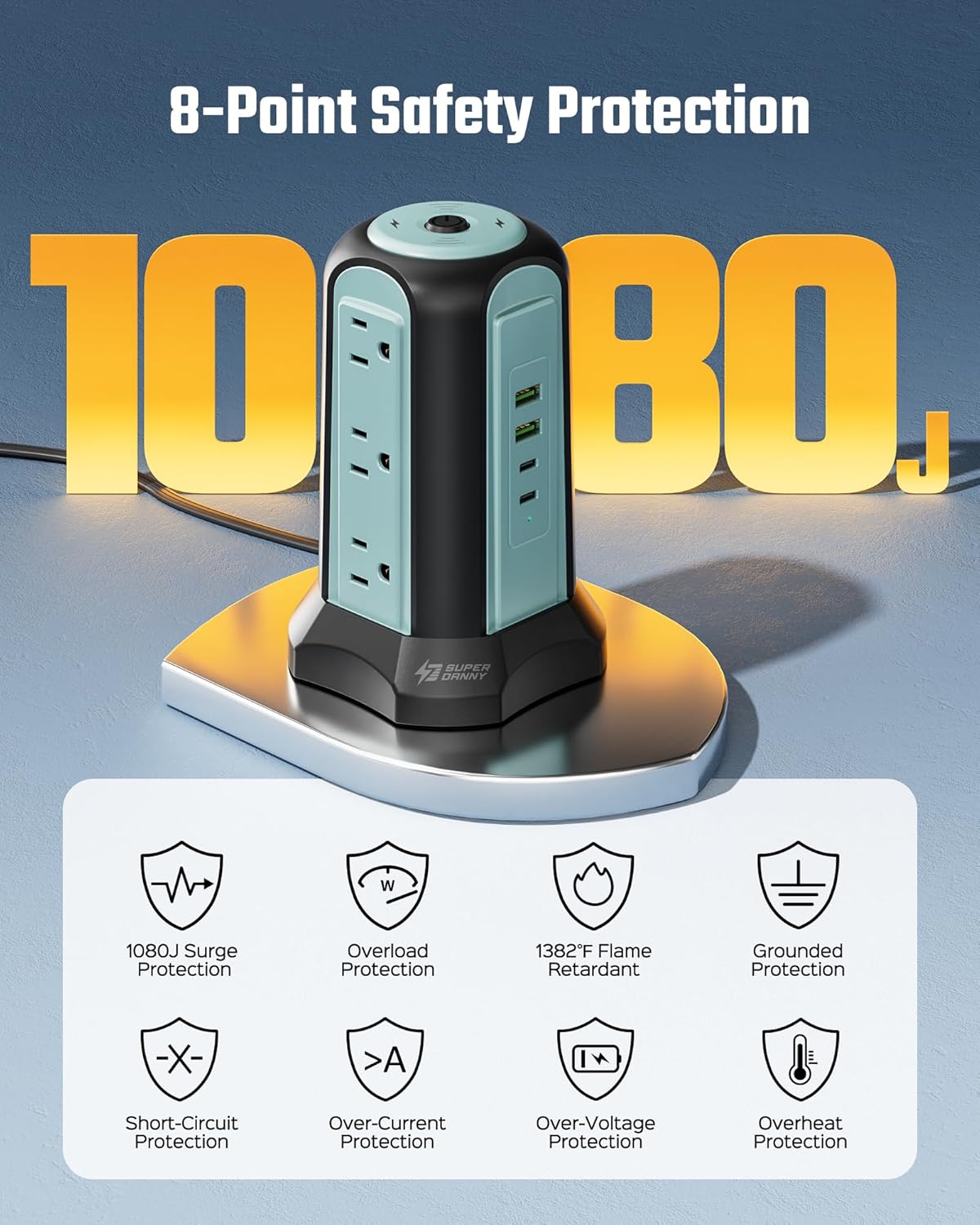 Power Strip Tower Wireless Charger, SUPERDANNY Surge Protector Tower, 10A 1080J Charger Station with 9 Outlets & 4 USB Ports, Extension Cord 10ft for Laptop Phone Black and Blue