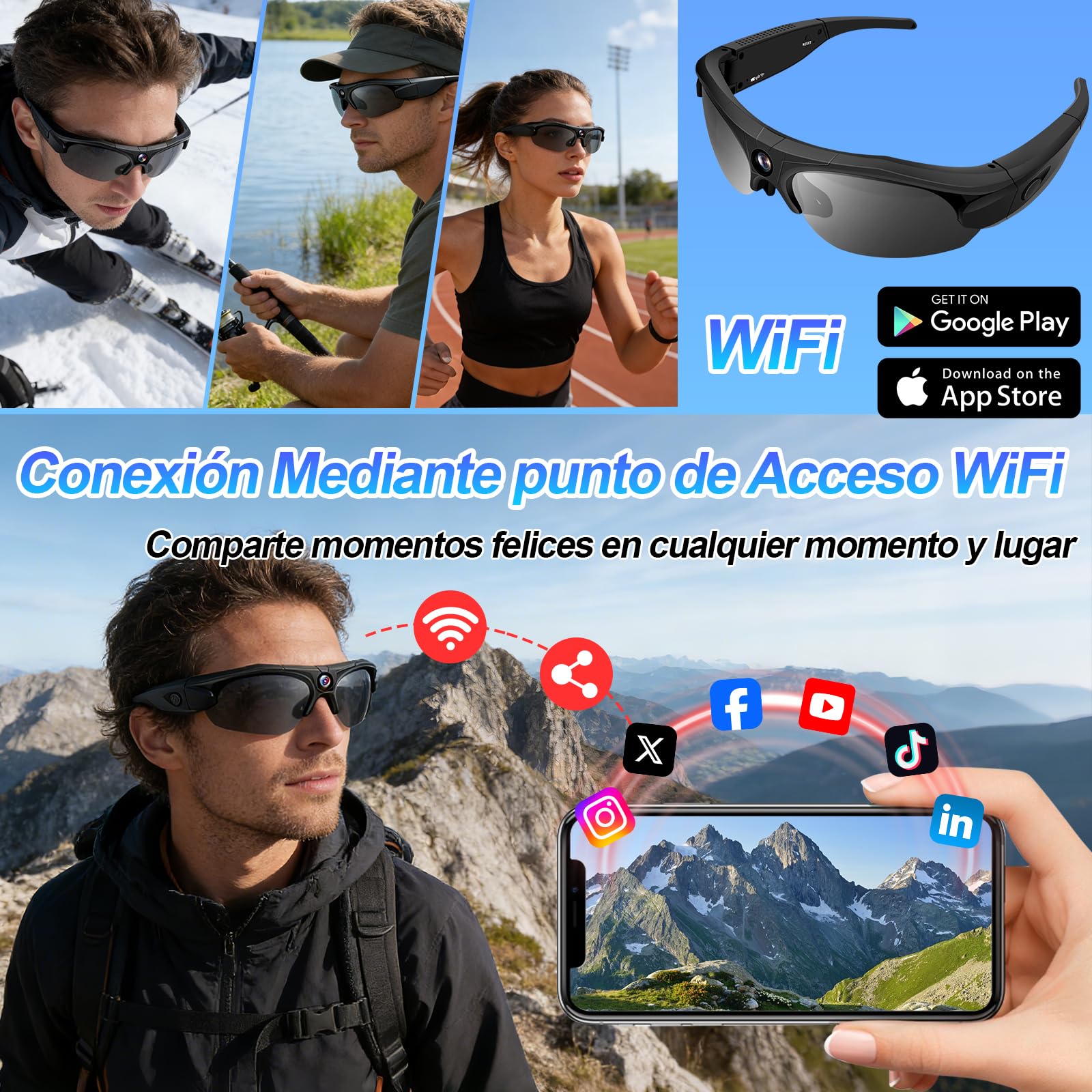 TANGMI Gafas Inteligentes con Camara, 1080P HD & Gran Angular 120° Gafas con Camara WiFi, 2 Horas de Grabación & WiFi Camara Deportiva Moto para Ciclismo, Esquí y Deportes al Aire Libre