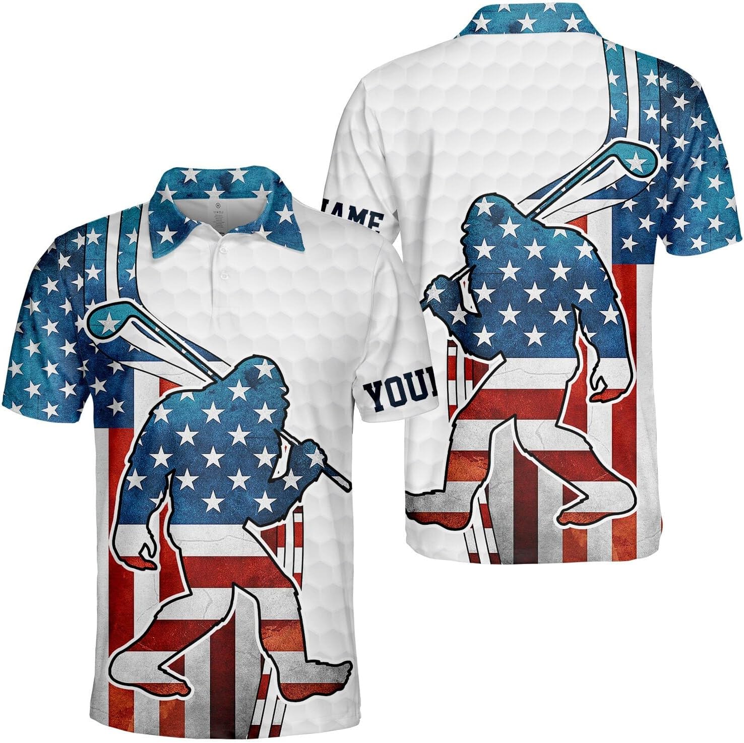 tazapay Personalized Bigfoot Golf American Flag Polo Shirt for Men Women, Bigfoot Sasquatch Golf Player Patriotic Golf Shirt, Golf Gift for Men, Mens Polo Shirts for Gifts, Short Sleeve Men's Shirt