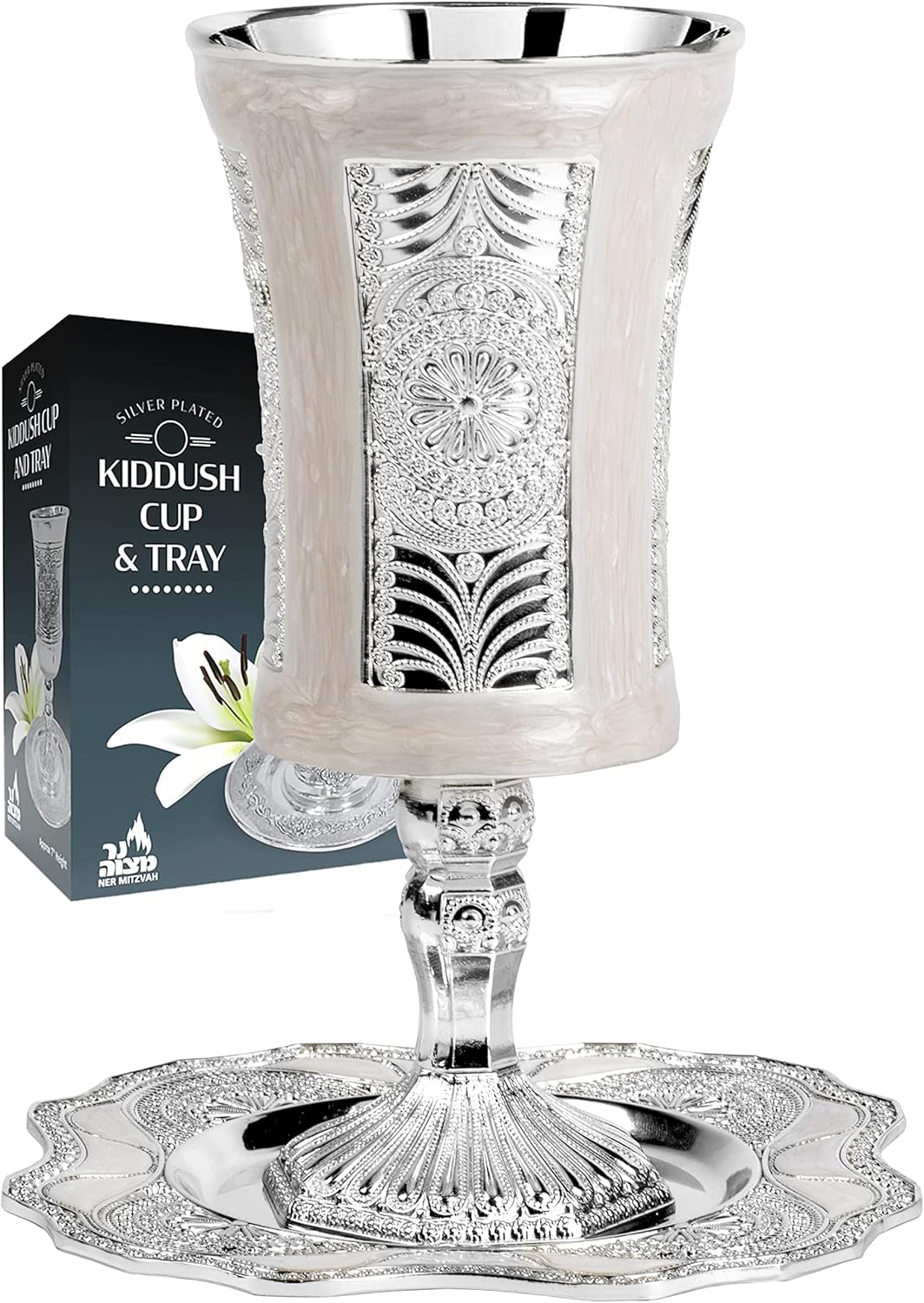 Ner Mitzvah Tall Kiddush Cup and Tray - Premium Quality Marble and Silver Plated Goblet With Stem - Shabbat and Havdalah Goblet - Judaica Shabbos and Holiday Gift