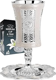 Ner Mitzvah Tall Kiddush Cup and Tray - Premium Quality Marble and Silver Plated Goblet With Stem - Shabbat and Havdalah Goblet - Judaica Shabbos and Holiday Gift
