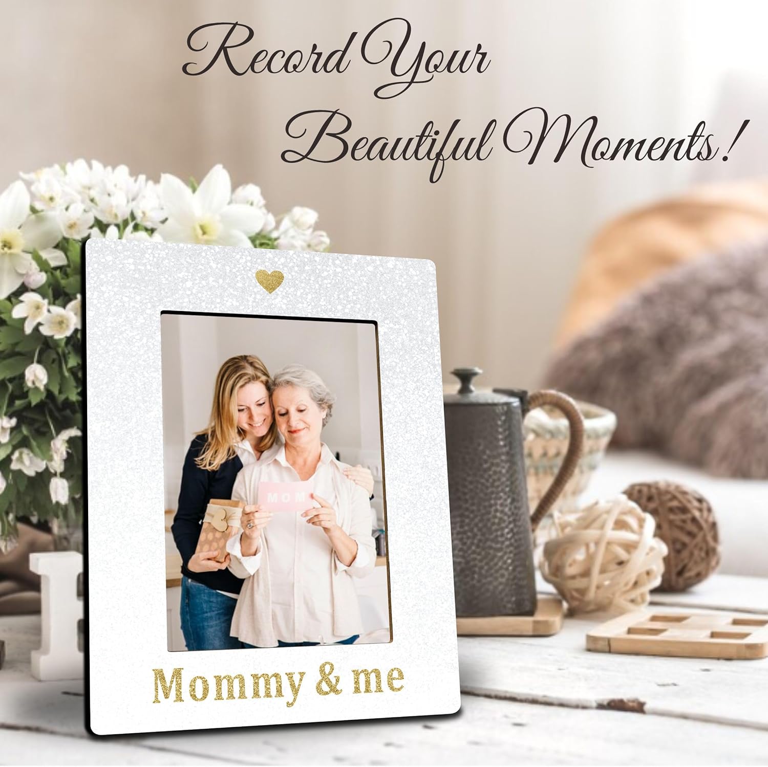 Mommy & Me Wooden Picture Frame For 4 X6 Inches Vertical Photo, Rustic White Photo Frame Tabletop Display, Mother's Day Gift, Mom Picture Frame Gifts, Home & Office Decorations - B04 - Image 5