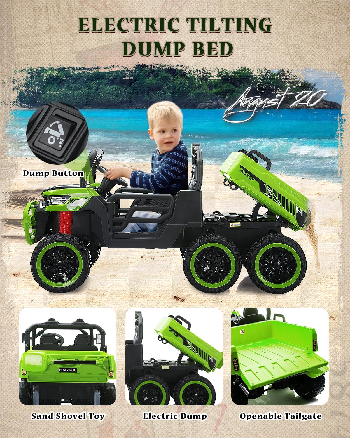 24V Ride on Dump Truck for Kids, XL 2 Seater Ride on Cars with Electric Dump Bed, Shovel, 4x100W Powerful Motors, Music, Bluetooth, LED Light, Perfect Ride on Truck Gift for Toddler Boys Girls (Green)