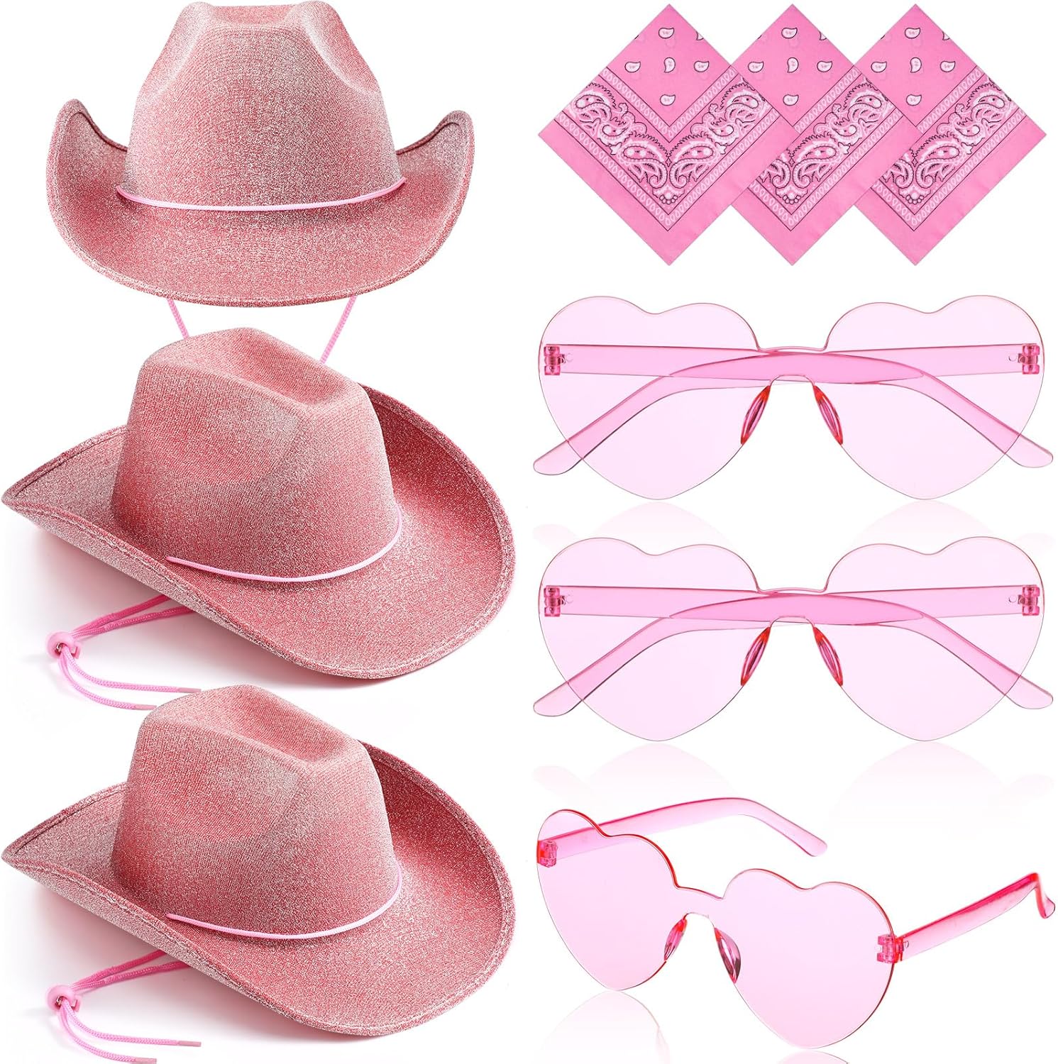 Geyoga 9 Pcs Adult Cowboy Hat with Paisley Bandanas and Heart Shape Sunglasses for Western Cowgirl Party Costume