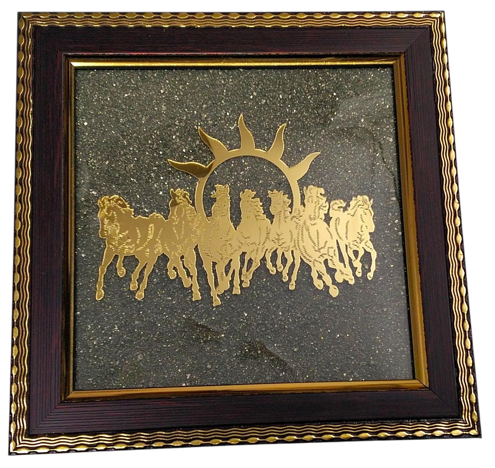 Vedha's Natural Pyrite Stone 7 Horses Frame - Attract Prosperity & Career Growth - Handcrafted Vastu Shastra Decor - Lucky Wealth Magnet Wall Frame