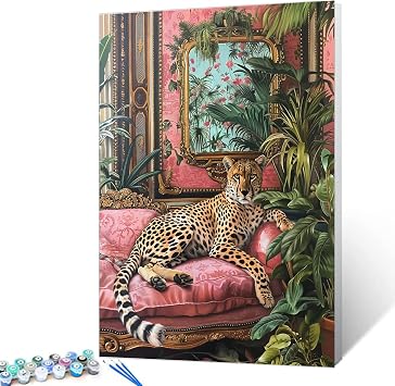 Cheetah Paint by Numbers Boho Paint by Numbers Kits Children,Jungle Painting Art Craft on Canvas Suitable for Home Green Leaves Wall Decor Without Framed 16W x 20H