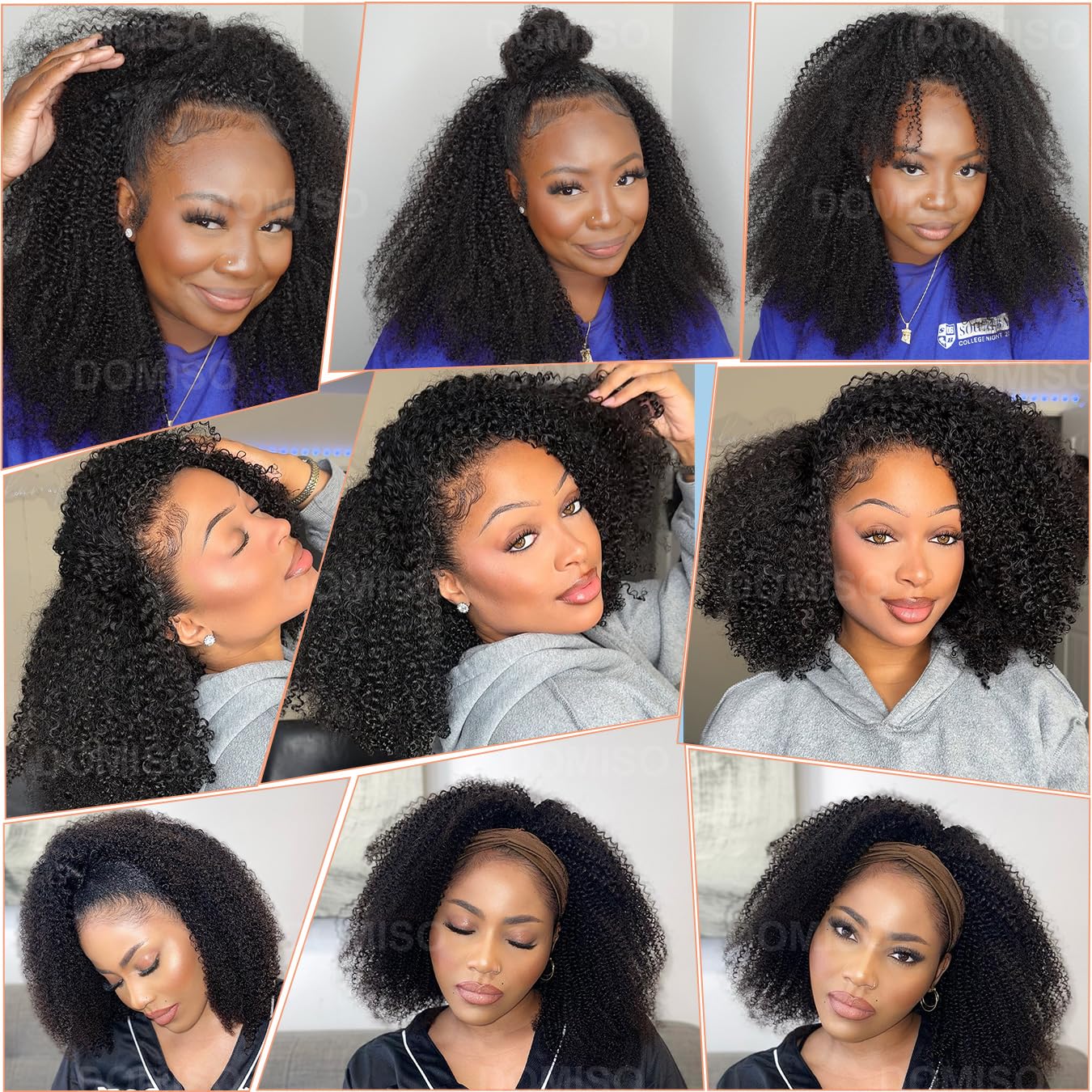 Domiso Afro Kinky Curly 3 In 1 Half Wig Seamless Kinky Curly Flip Over Beginner Friendly Human Hair Natural Hairline Glueless Invisible Hairline Drawstring Band Clip in Wig 22 Inch