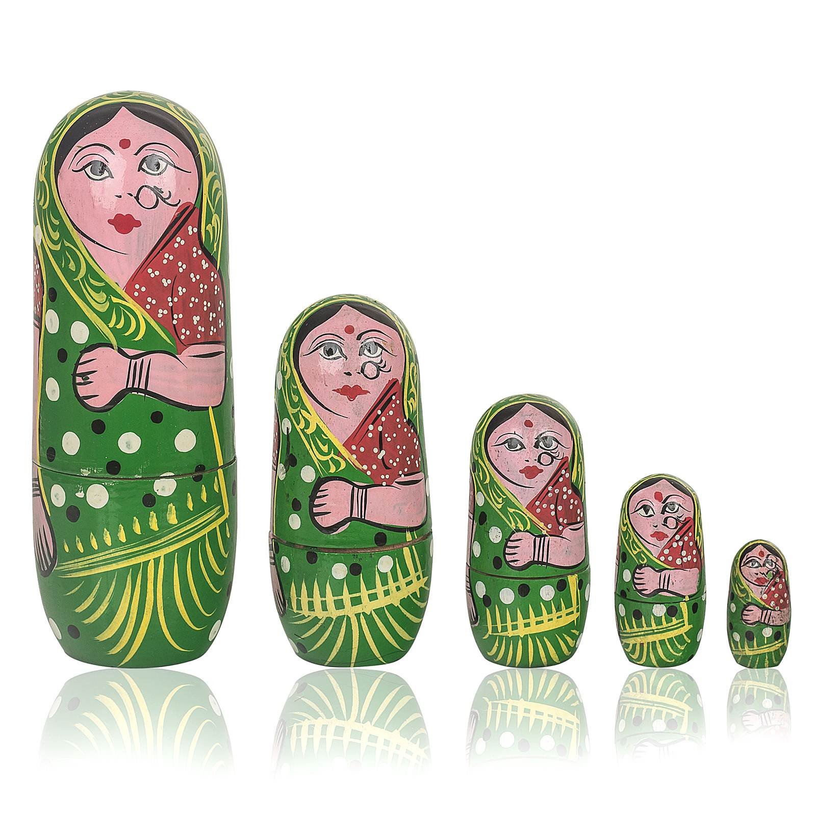 Fine Craft India 15 Pcs Red Yellow Green Color Hand Painted Wooden Russian Nesting Dolls 2