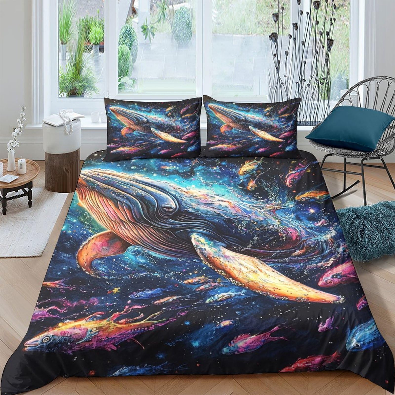 3D Printed Whale in space Bedding Cover Polyester Cosmic marine art style Duvet Cover Shrink Resistant Easy Care for University Dorm Student Accommodation Home Use King（220x240cm）