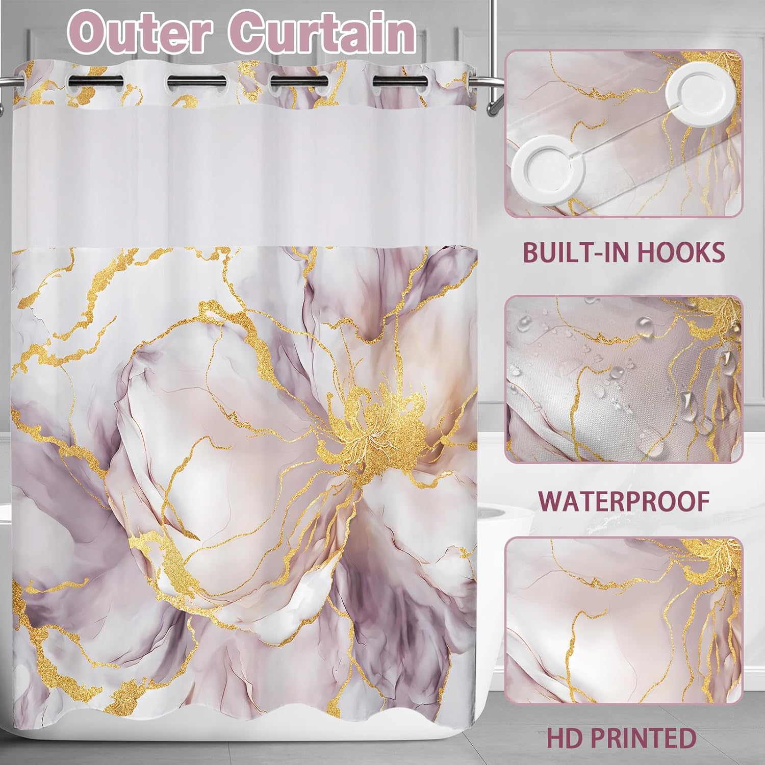 No Hook Shower Curtain with Snap in Liner Set, Grey Purple and Gold Marble Floral Fabric Shower Curtain for Bathroom Hotel 71x74 Inches