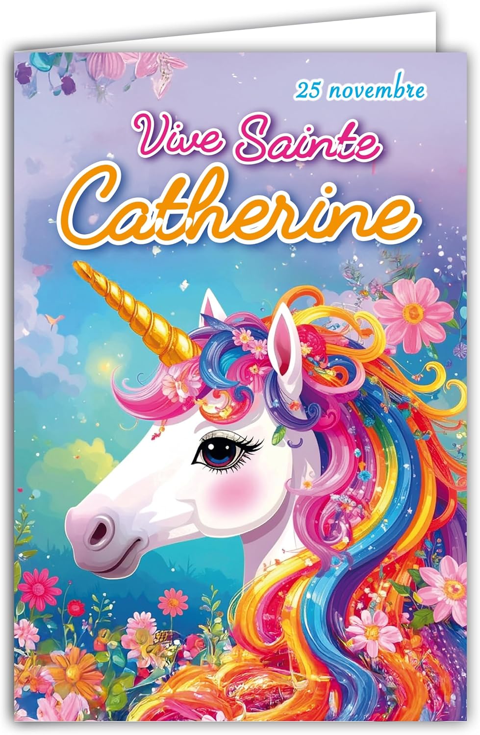 68-1357 Greeting Card Saint Catherine 25 November Wish a Happy Birthday to a Young Girl Unicorn Horse Fantasy Pony Mane Rainbow Flower with White Envelope 12 x 17 cm