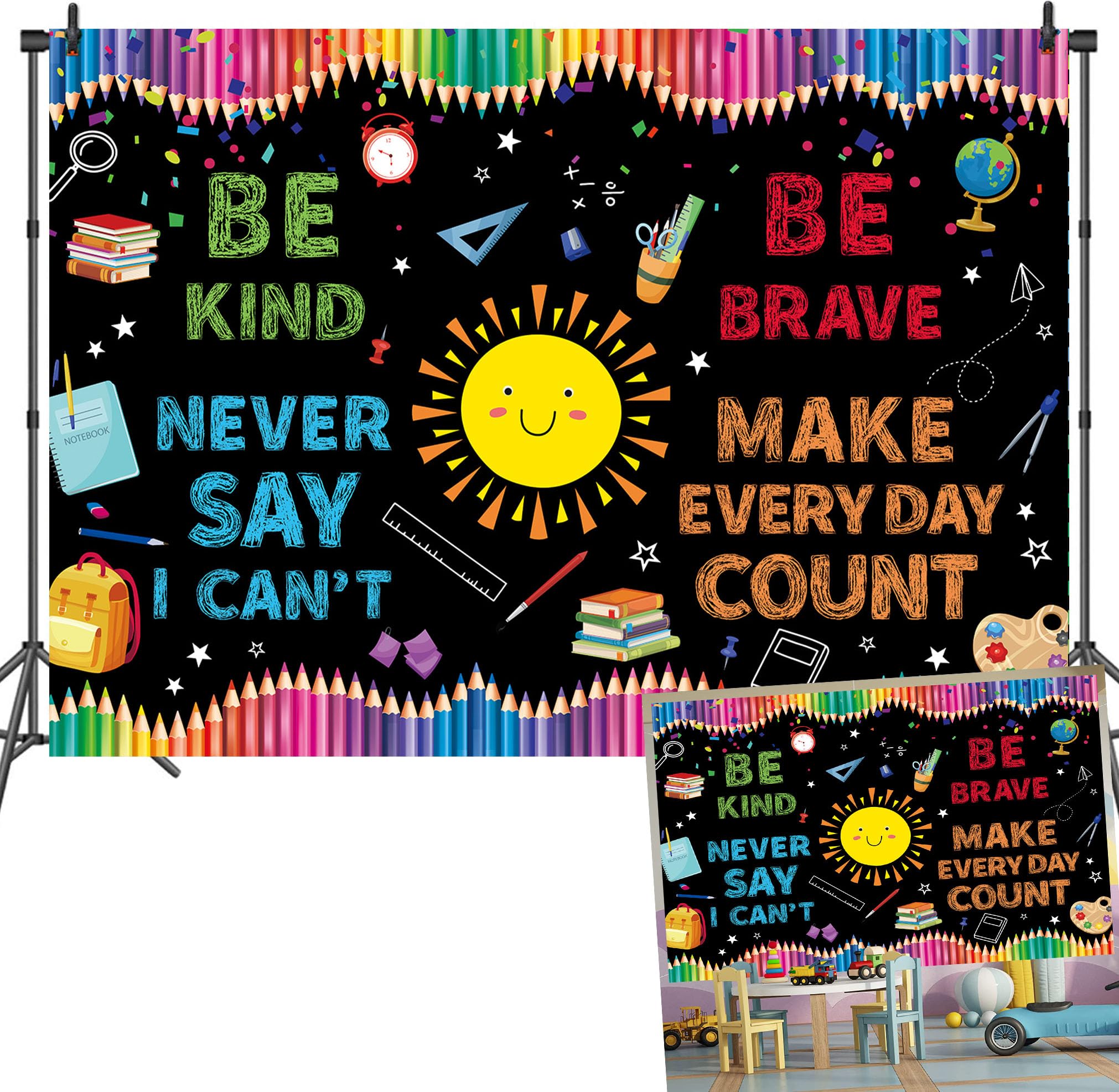 8x6ft Back to School Photography Background Motivational Classroom Backdrop Blackboard Colorful Pencils Banner Party Kids Child Decoration Photo Booth Props, 240x180cm(WxL)