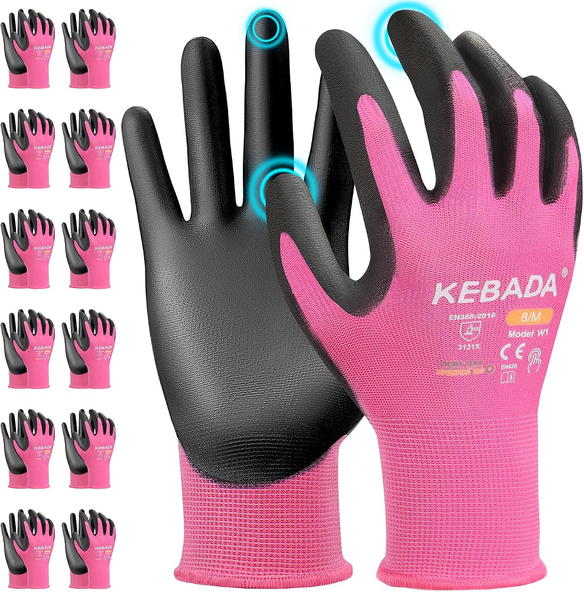 Kebada W1 Guantes de trabajo de seguridad para mujer, pantalla táctil, recubiertos de PU, 12 pares, rosa | Tejido transpirable sin costuras, ligero y agarre seguro. Ideal para almacén, construcción, jardinería y mecánica.