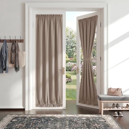 PONY DANCE Door Window Curtain, 25 x 72 inches, 1 Panel | French Curtain Solid Rod Pocket Window Treatments Patio Door Drapes for Side French Door Including Bonus Tieback, Light Taupe