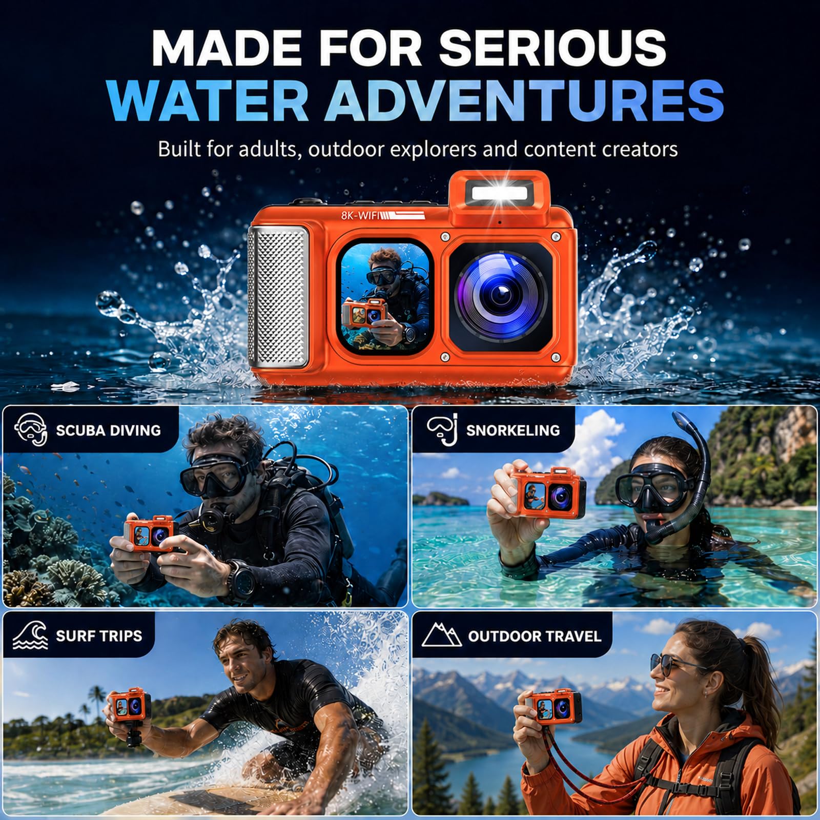Maxmango V08 Pro 49FT Unterwasserkamera, 8K 90MP WiFi wasserdichte Digitalkamera mit 2,88-Zoll-Touchscreen, Staub- und Stoßfest, ideal zum Schnorcheln, Tauchen und Reisen,32GB Karte, Orange