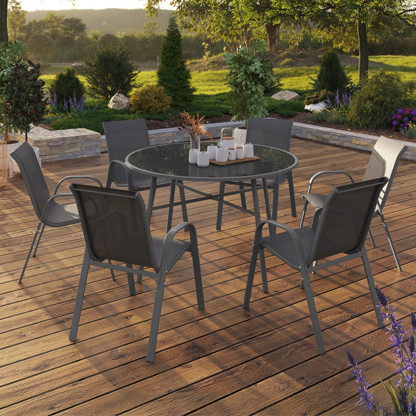 IDMarket - Conjunto de muebles de jardín Madrid - Mesa redonda de 120 cm y 6 sillas apilables - Gris antracita