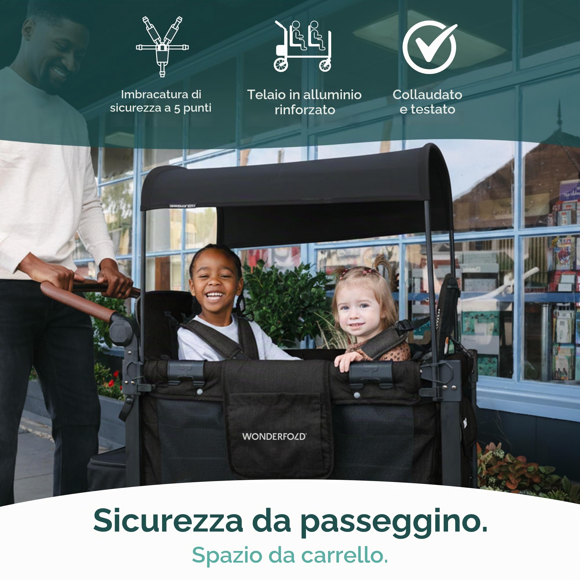 WONDERFOLD W2 Luxe Pro Passeggino (2 posti) – Passeggino pieghevole con sedili con cinture di sicurezza a 5 punti e tettuccio parasole regolabile, nero corvino