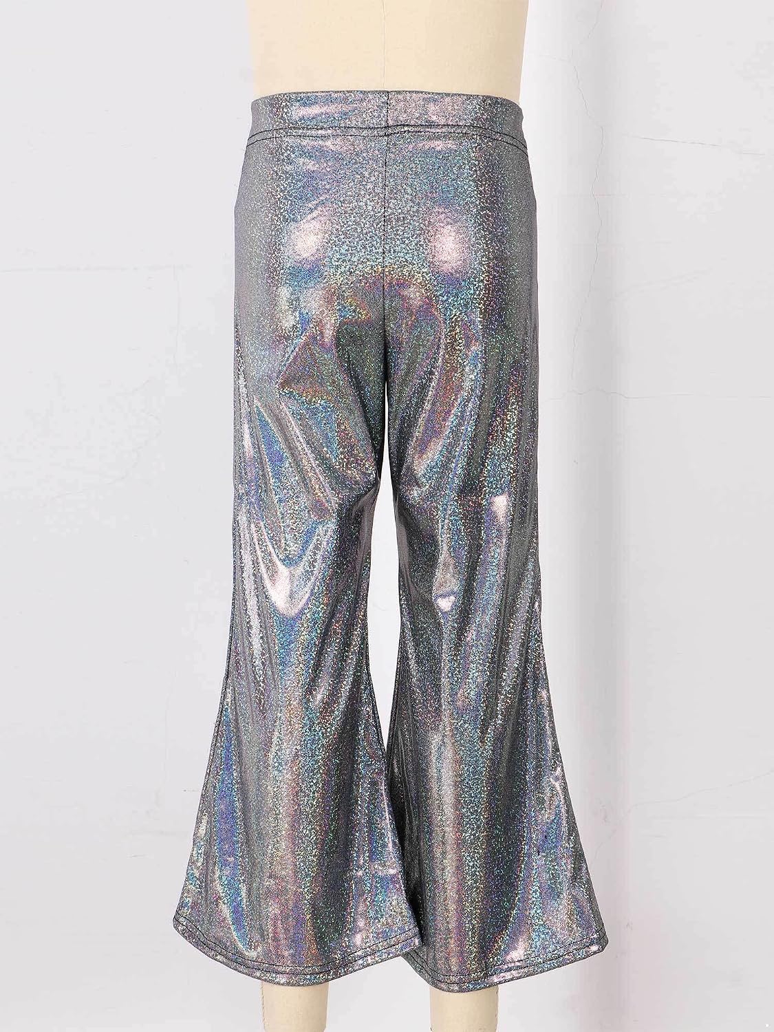 Baby High Waist Shiny Metallic Bell Bottoms Girls Kids Flared Pants Ruffled Wide Leg Trousers Casual Wear