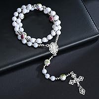 Vista 4 de Collar de cadena de acrílico con cuentas de cristal católico de perlas moradas de 0.315 in, rosario de cerámica blanca, medalla milagrosa