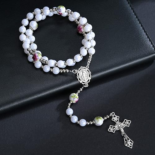 Miniatura 4 de Collar de cadena de acrílico con cuentas de cristal católico de perlas moradas de 0.315 in, rosario de cerámica blanca, medalla milagrosa