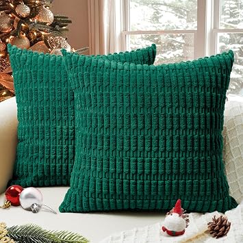 Pack of 2 Corduroy Decorative Throw Pillow Covers 18x18 Inch, Green | Soft Striped Farmhouse Boho Modern Christmas Home Decor Throw Pillow Covers for Couch Sofa Bedroom Living Room