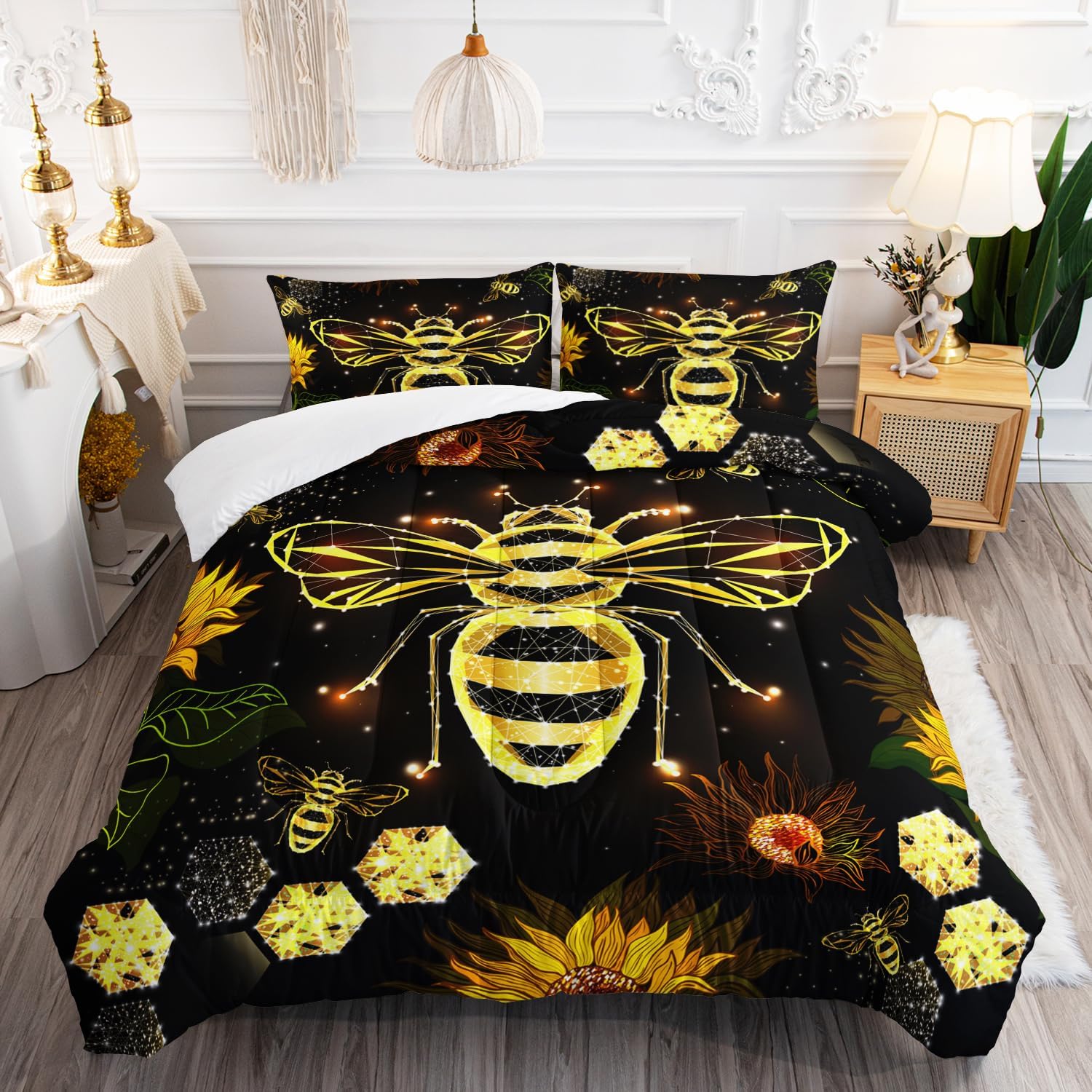 AILONEN Honey Bee Comforter Set Queen Size, Honeycomb Print Bedding Set,Yellow Sunflower Comforter,Animal Bee Theme Bed in a Bag 3 Pieces, 1 Quilt and 2 Pillowcases