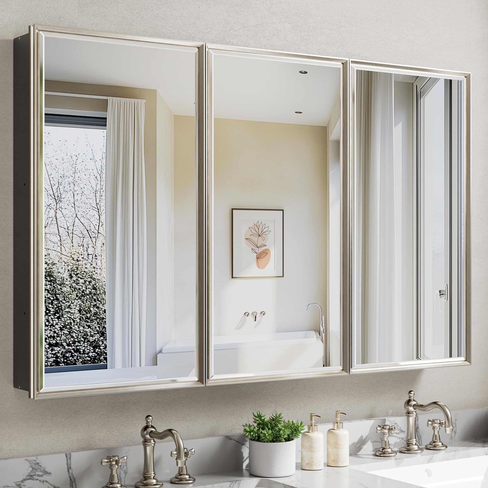 Pre-Assembled Surface or Recessed Medicine Cabinet Mirror-48x30 Brushed Nickel Bathroom Medicine Cabinet with Mirror &amp; Rustproof Aluminum Frame, Beveled Bathroom Vanity Mirror with Storage