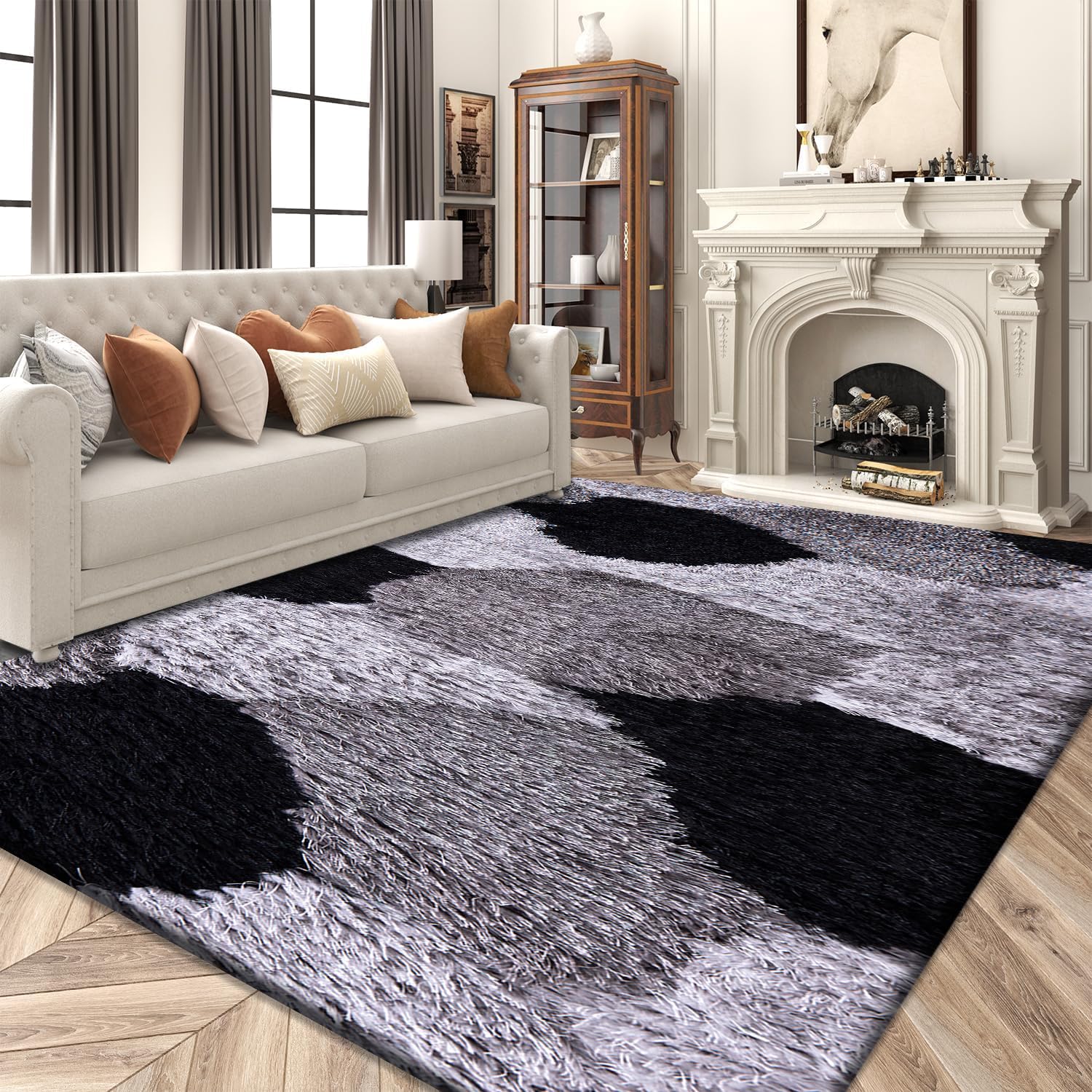 Rugs Inn Pona Doormat - Shaggy Soft Pile Indoor Mat, Warm and Dense Thick, Non-Shed Heavy Weight Modern Floor Mat for Kitchen, Hall, Bedroom, and Living Room (Black Grey Silver, 60x110 cm)