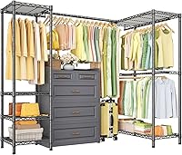 Vista 9 de E10L - Perchero en forma de L para esquina (con barra de suspensión expandible), resistente y independiente para colgar ropa, perchero portátil