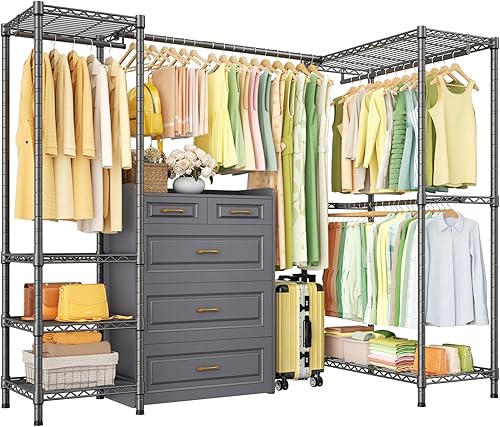 Miniatura 1 de E10L - Perchero en forma de L para esquina (con barra de suspensión expandible), resistente y independiente para colgar ropa, perchero portátil de