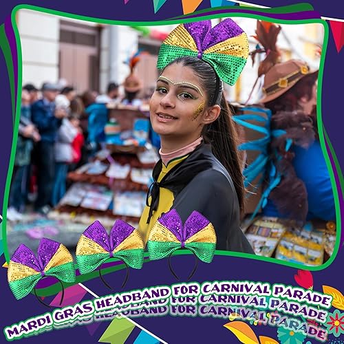 Miniatura 4 de 3 diademas de Mardi Gras adornadas con diadema verde, morado y dorado, para mujeres y niñas, fiesta de carnaval (lazo)