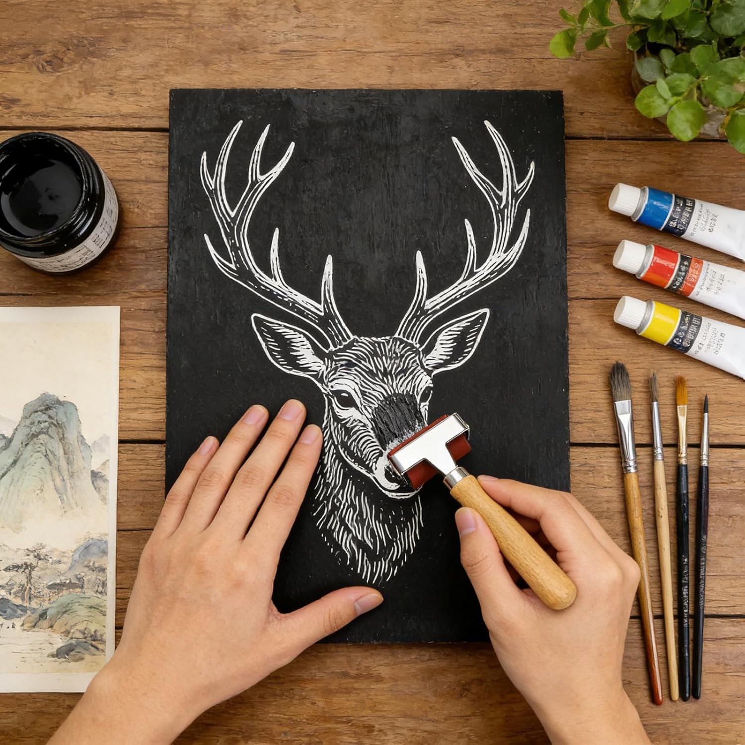 Pumtus 3 Sizes Rubber Brayer Roller, 6,4,2 Inch Soft Printmaking Brayer Tool with Wood Handle, Vinyl Paint Roller for Crafting, Art Paint Brush for Stamping, Wallpapers, Tape, Ink, Gluing, Scrapbook